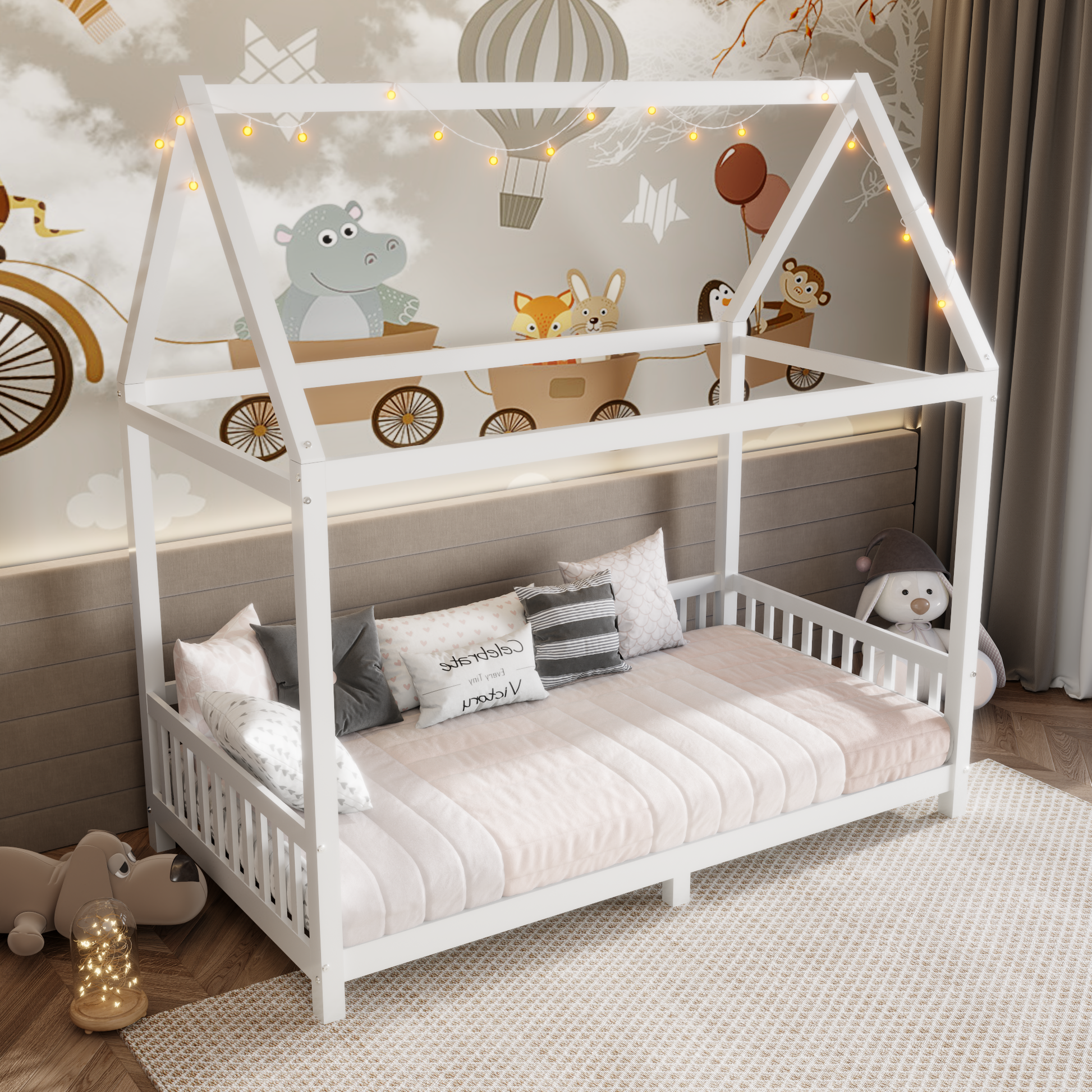 Wood Twin Size House Bed With Guardrail And Led, White Box Spring Not Required Twin White Wood Bedroom Solid Wood Mdf