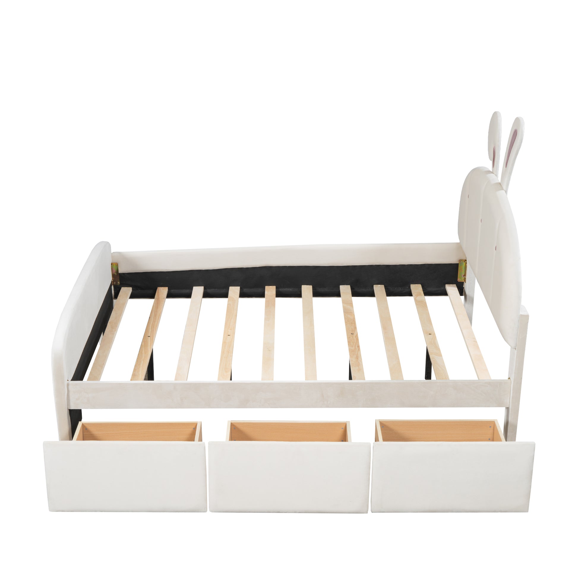 Full Size Velvet Platform Bed With Rabbit Shaped Headboard, With Drawers, With Bed End Storage Pocket, Beige Full Beige Plywood