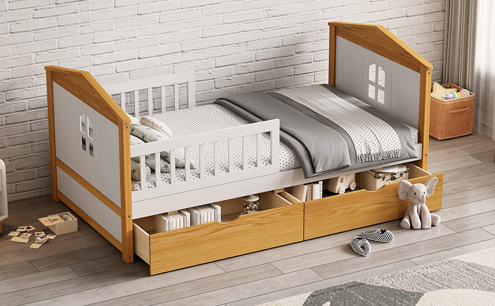 Twin Size House Shape Bed With Two Drawers Wooden Bed For Girls Boys Teens, No Box Spring Needed, Walnut And White Box Spring Not Required Twin White Walnut Wood Bedroom Cute Pine Bed Frame Wood