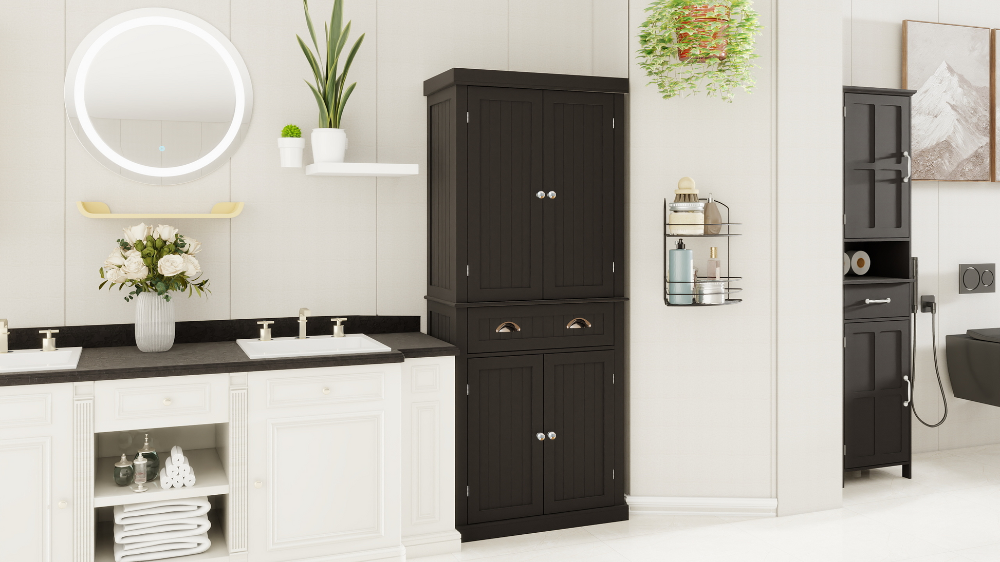 71" Kitchen Pantry Storage Cabinetwith 4 Doors, Drawer, 2 Adjustable Shelves, Freestanding Cupboard For Dining Room Living Room, Laundry Black Black Mdf