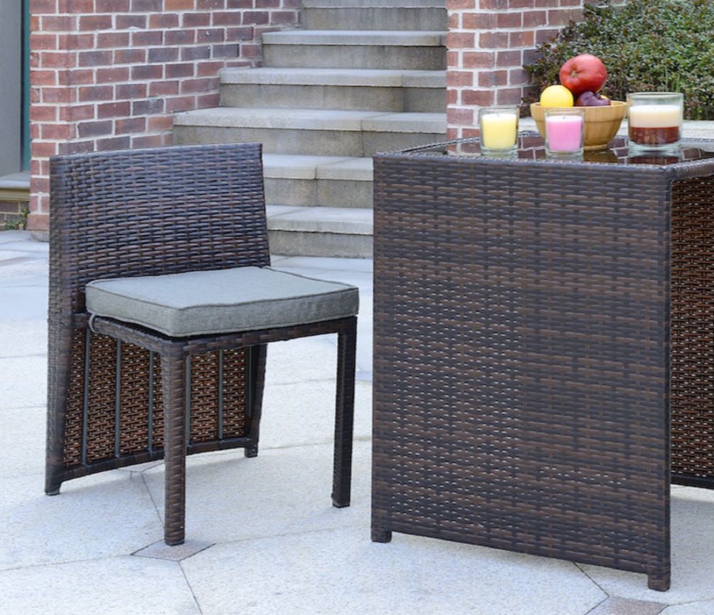 Cape Town 3 Piece Pe Wicker Bistro Steel Cushions Outdoor Dining Set, Mahogany Brown, Grey Brown Grey Pe Rattan Iron