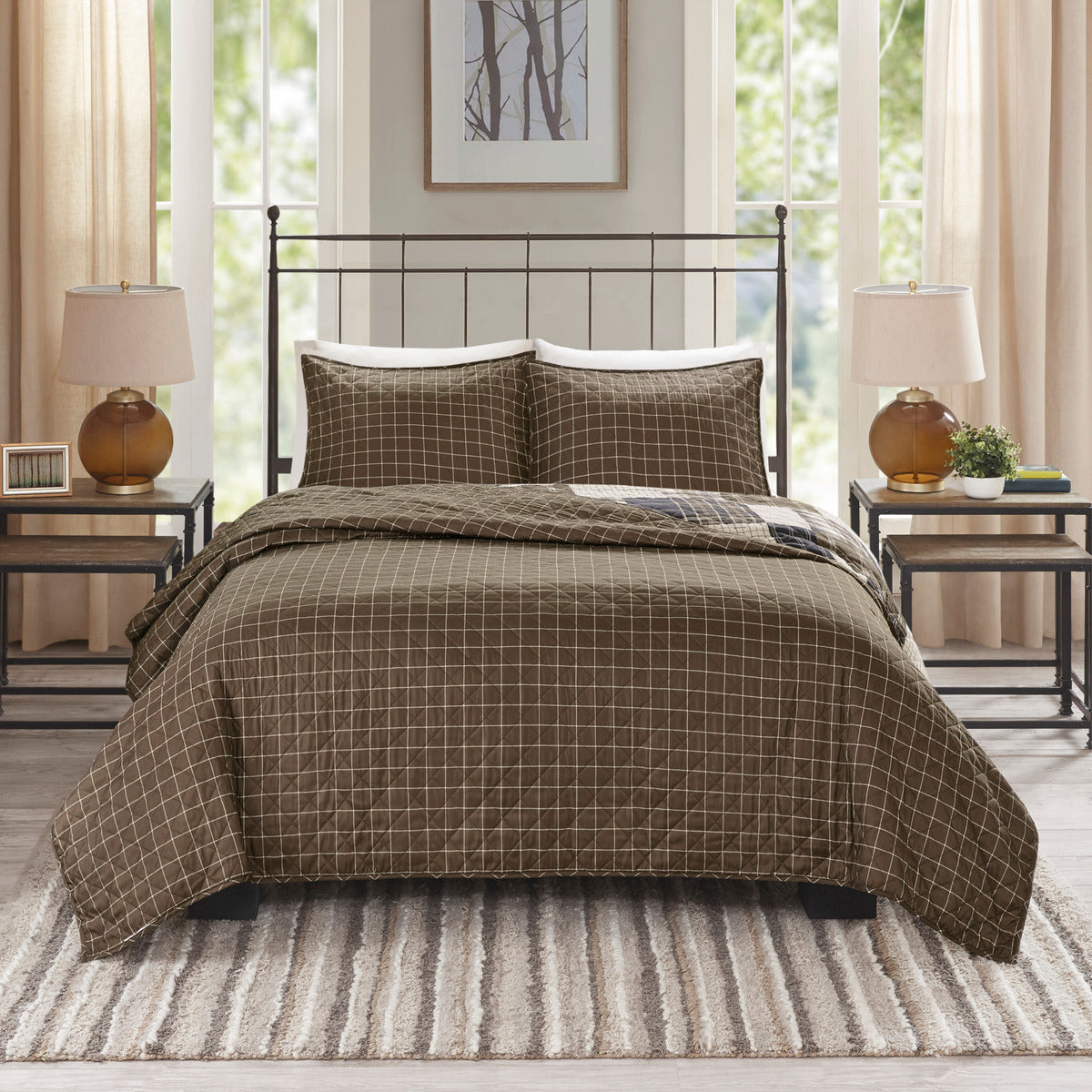 3 Piece Reversible Printed Quilt Set Black Brown King Cal King Black Brown Microfiber
