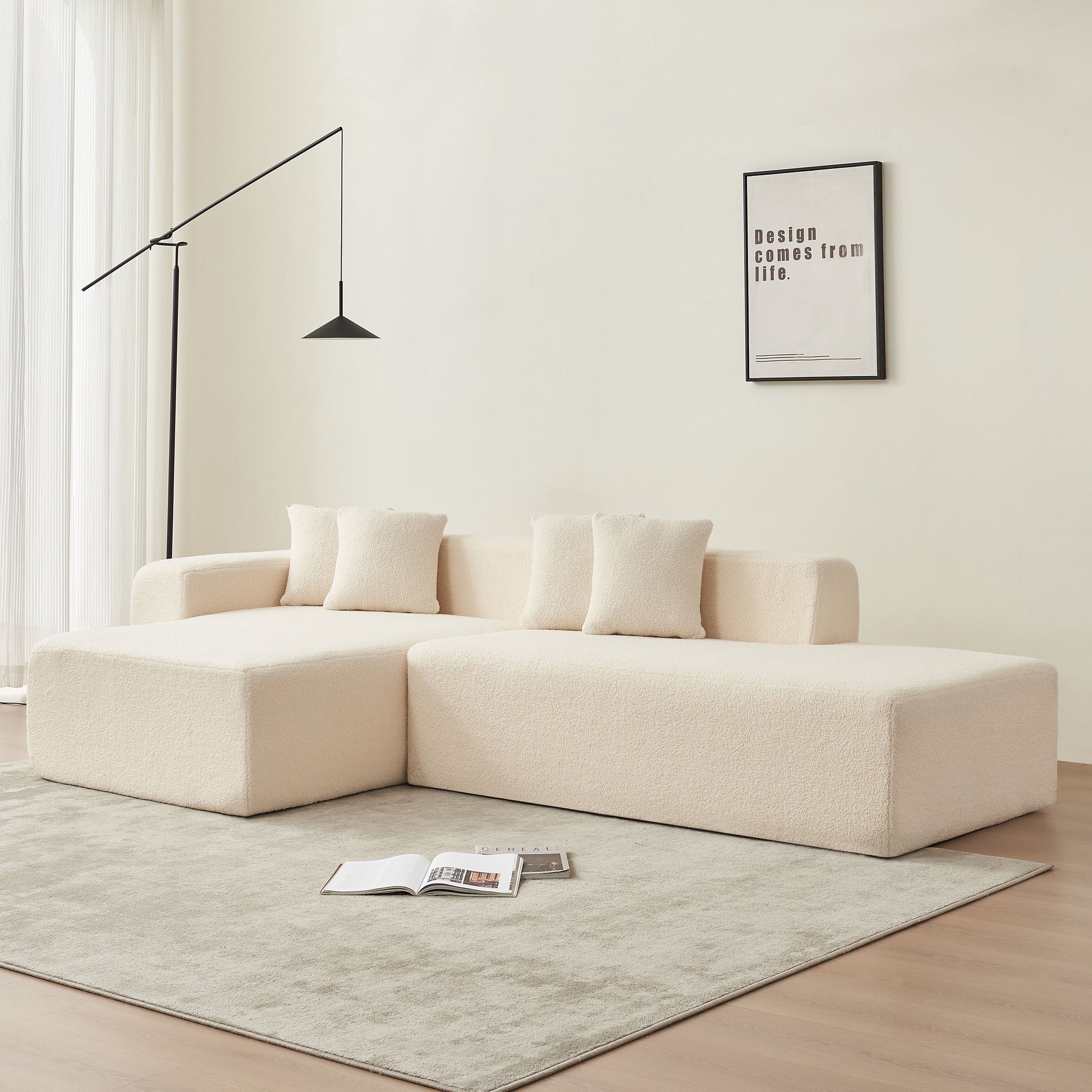 Modular Sectional Couch, Lambswool Fabric Modern L Shape Sectional Sofa With Chaise Lounge, Living Room Upholstered 5 Seater Corner Sofa Couch For Bedrooms, Apartment Beige Foam Sherpa 5 Seat