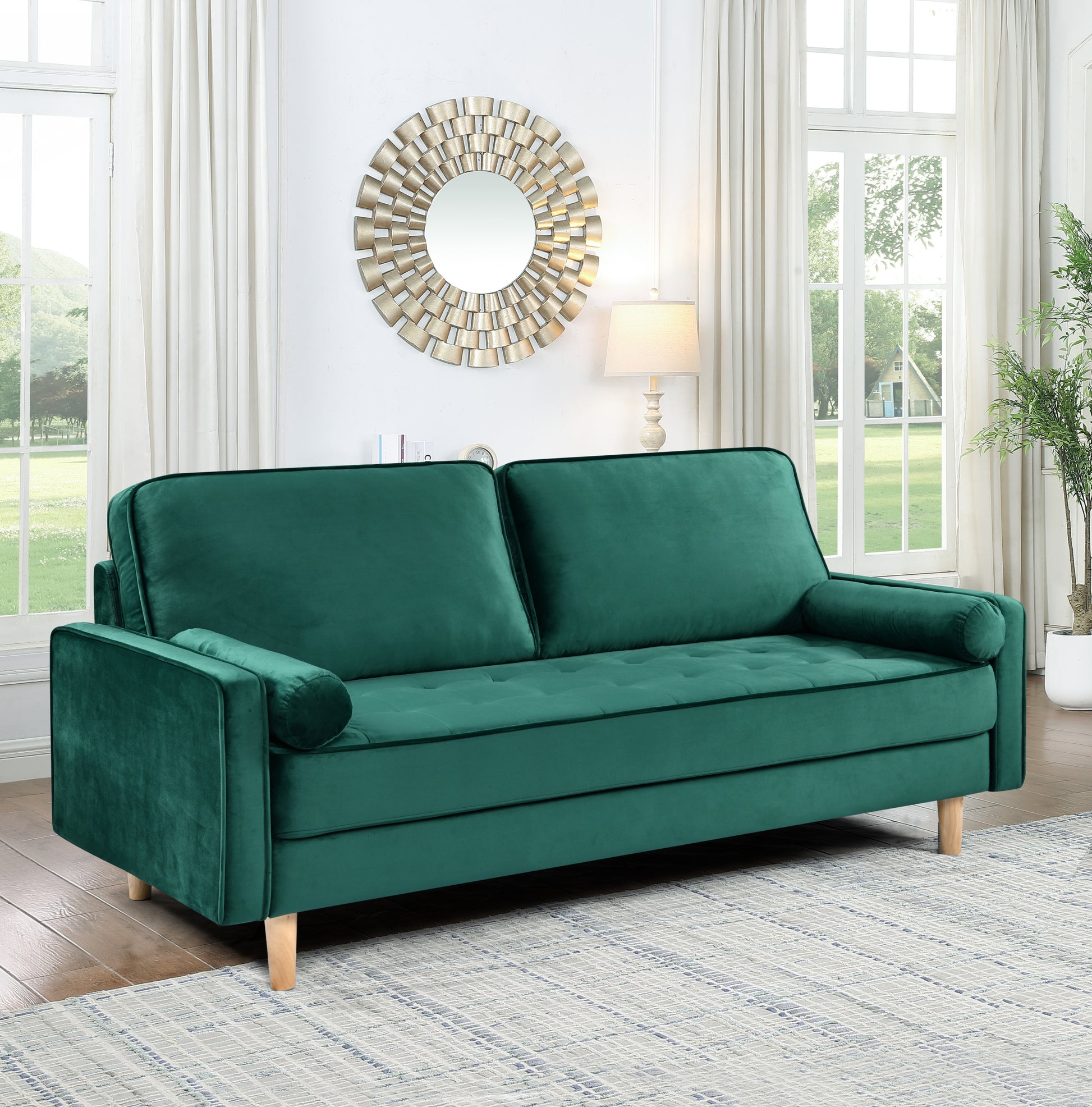 Sofa Simple Small House Double Three Person Straight Row American Retro Green Velvet Furniture Fabric Sofa Small Living Room Bedroom Office Green Velvet Solid Wood 3 Seat