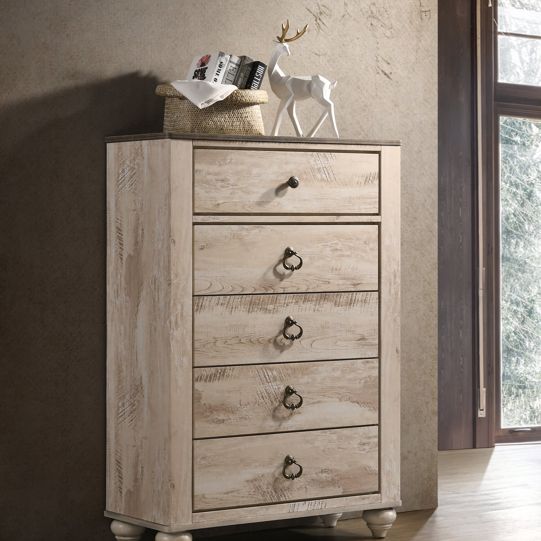 Imerland Contemporary Patched Wood Top 5 Drawer Chest, White Wash Finish White Washed Brown Bedroom Contemporary Pine Wood Engineered Wood