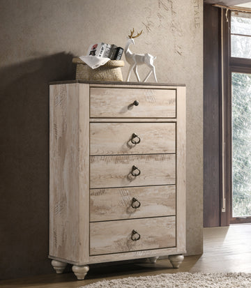 Imerland Contemporary Patched Wood Top 5 Drawer Chest, White Wash Finish White Washed Brown Bedroom Contemporary Pine Wood Engineered Wood