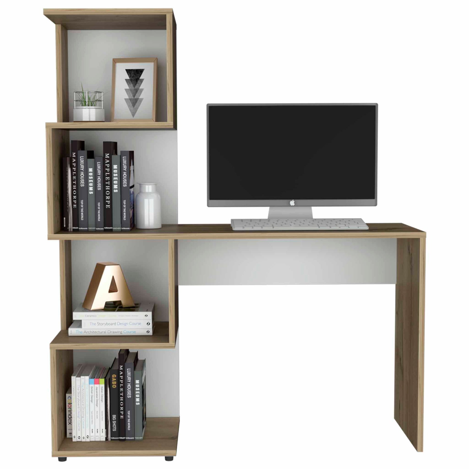 Delhi Desk With Bookcase And 4 Storage Shelves, Light Oak White Multicolor Particle Board Particle Board