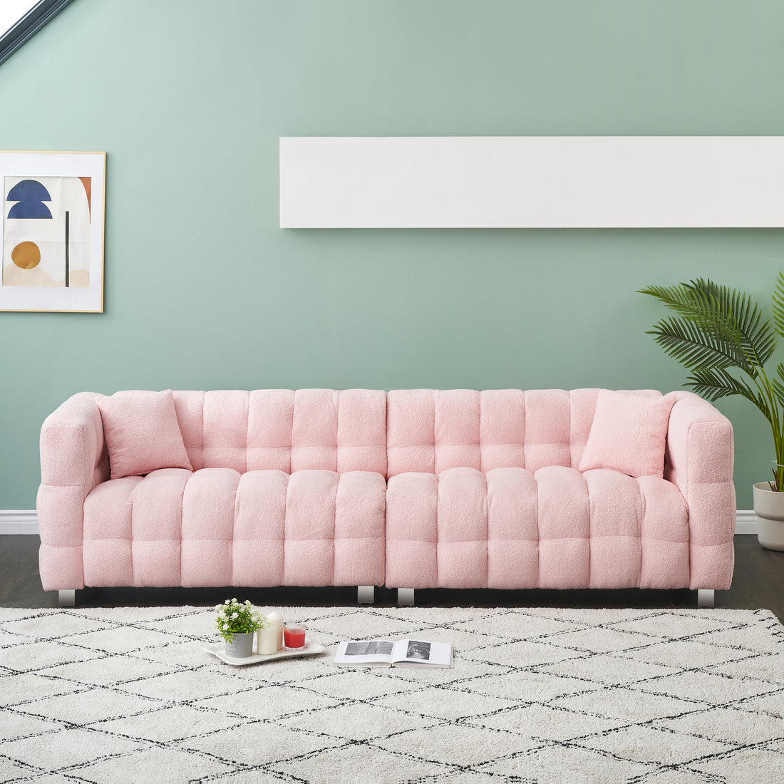 102 Inch Pink Teddy Fleece Sofa With Two Throw Pillows In Living Room Bedroom Apartment Sofa Supported By Hardware Feet Pink Polyester Blend 4 Seat