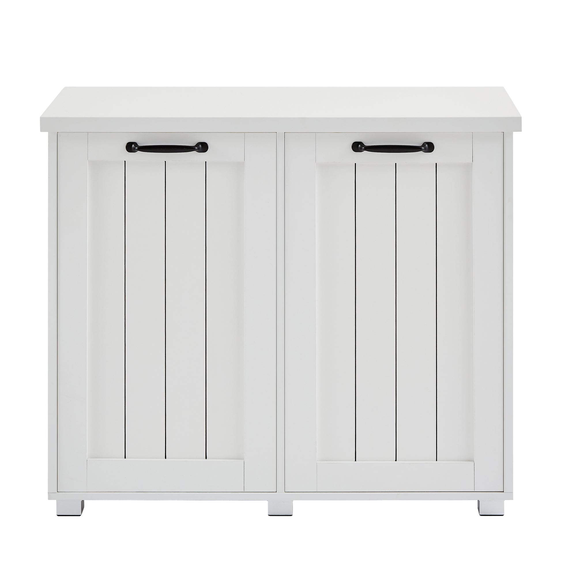Two Compartment Tilt Out Trash Cabinet, Pet Proof Kitchen Trash Cabinet With Cutting Board, Free Standing Laundry Sorter Cabinet, Laundry Hamper, White White White Particle Board