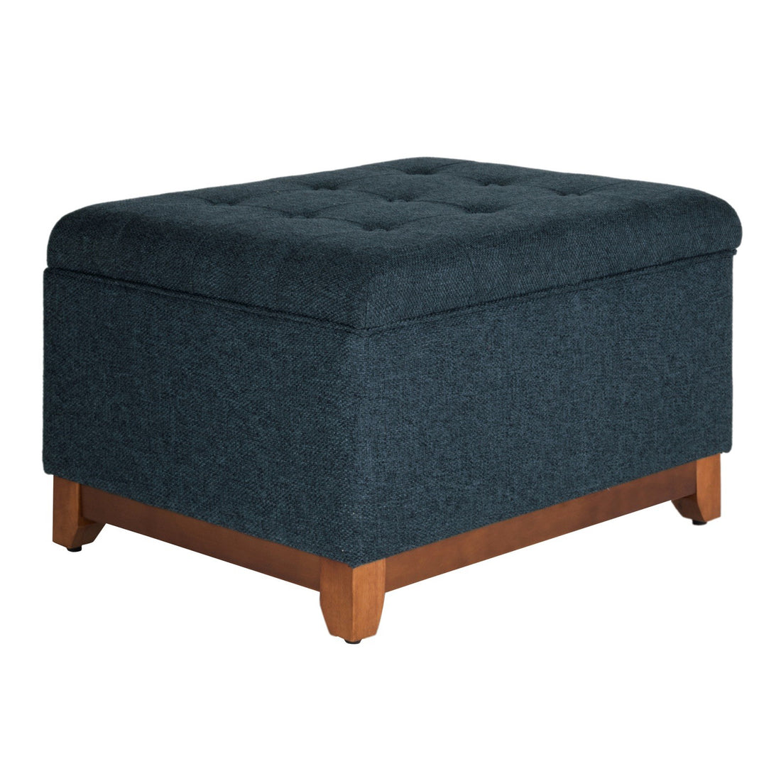 Textured Fabric Upholstered Wooden Ottoman With Button Tufted Top, Blue And Brown Blue Brown Wood Fabric