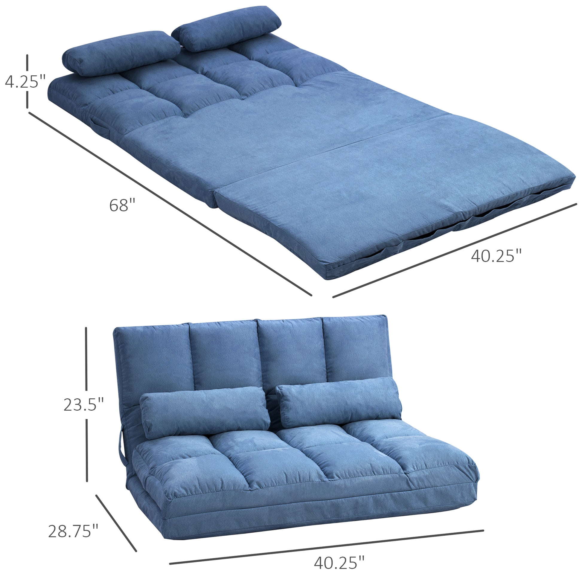 Homcom Convertible Floor Sofa Chair, Folding Couch Bed, Guest Chaise Lounge With 2 Pillows, Adjustable Backrest And Headrest, 40.25" L, Blue Blue Polyester