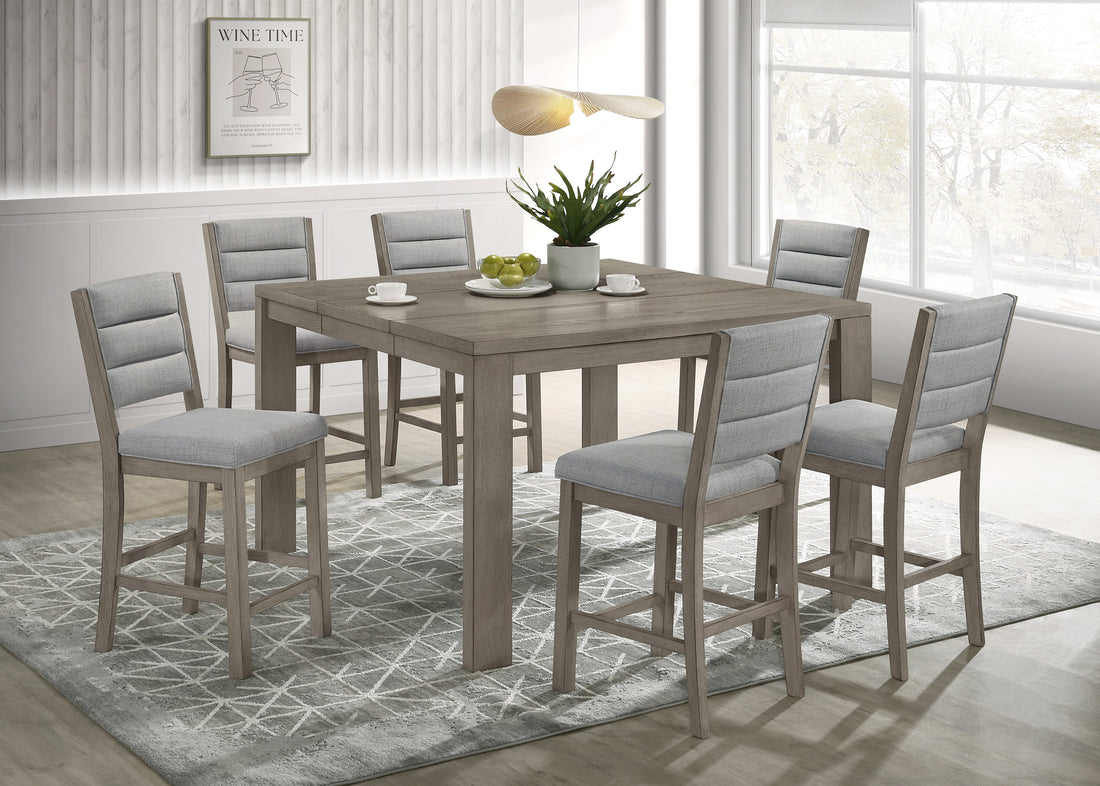 7Pc Dining Set Contemporary Farmhouse Style Counter Height 18" Expandable Leaf Table Gray Finish Upholstered Chairs Wooden Solid Wood Dining Room Kitchen Furniture Upholstered Chair Wood Brown Gray