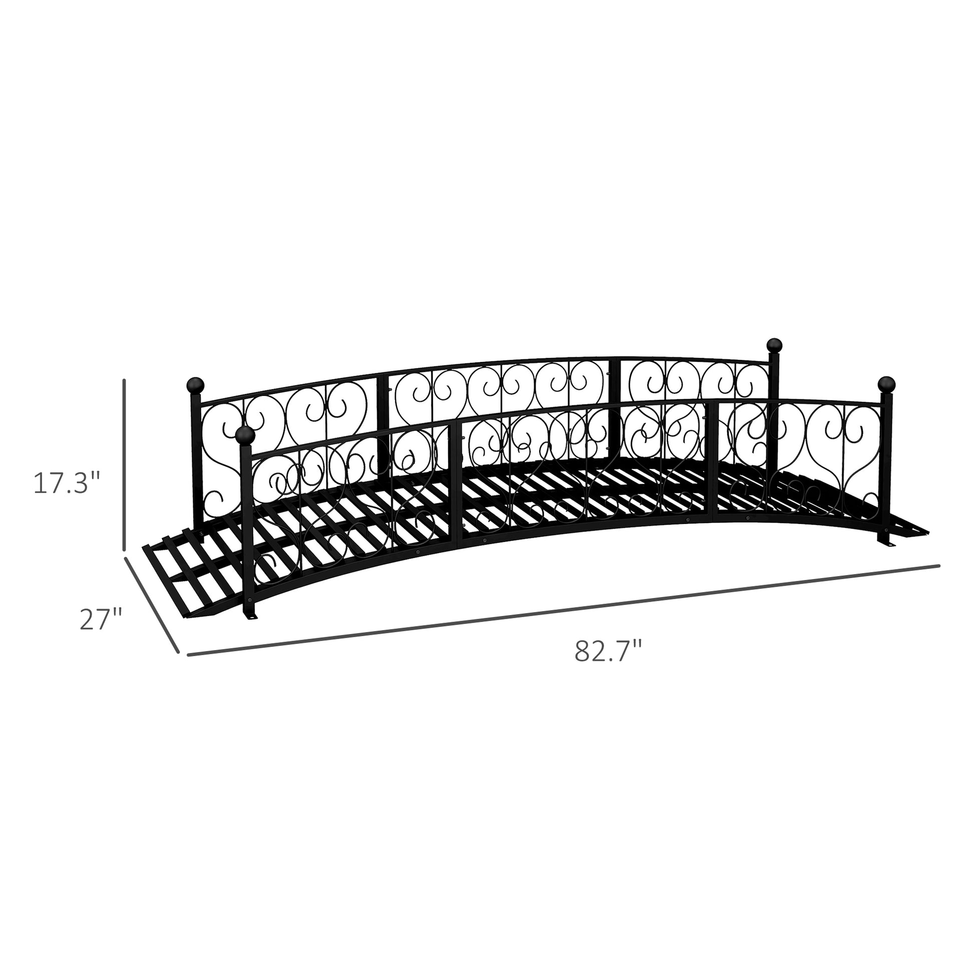 Outsunny 7' Metal Arch Garden Bridge With Safety Siderails, Decorative Arc Footbridge With Delicate Scrollwork "S" Motifs For Backyard Creek, Stream, Fish Pond, Black Black Steel