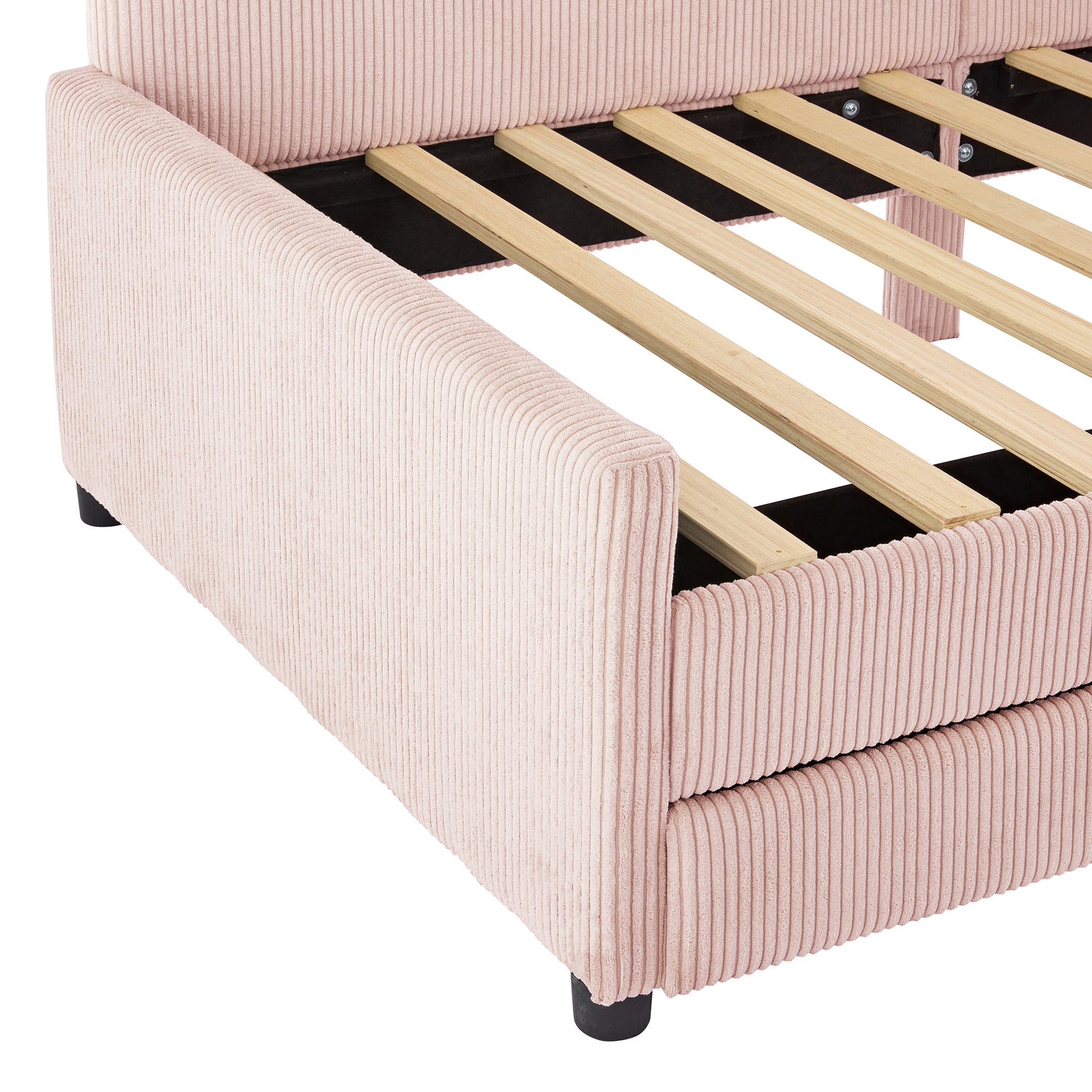 Twin Size L Shaped Corduroy Daybed,Upholstered Bed Frame With 2 Storage Drawers,Pink Twin Pink Wood Fabric