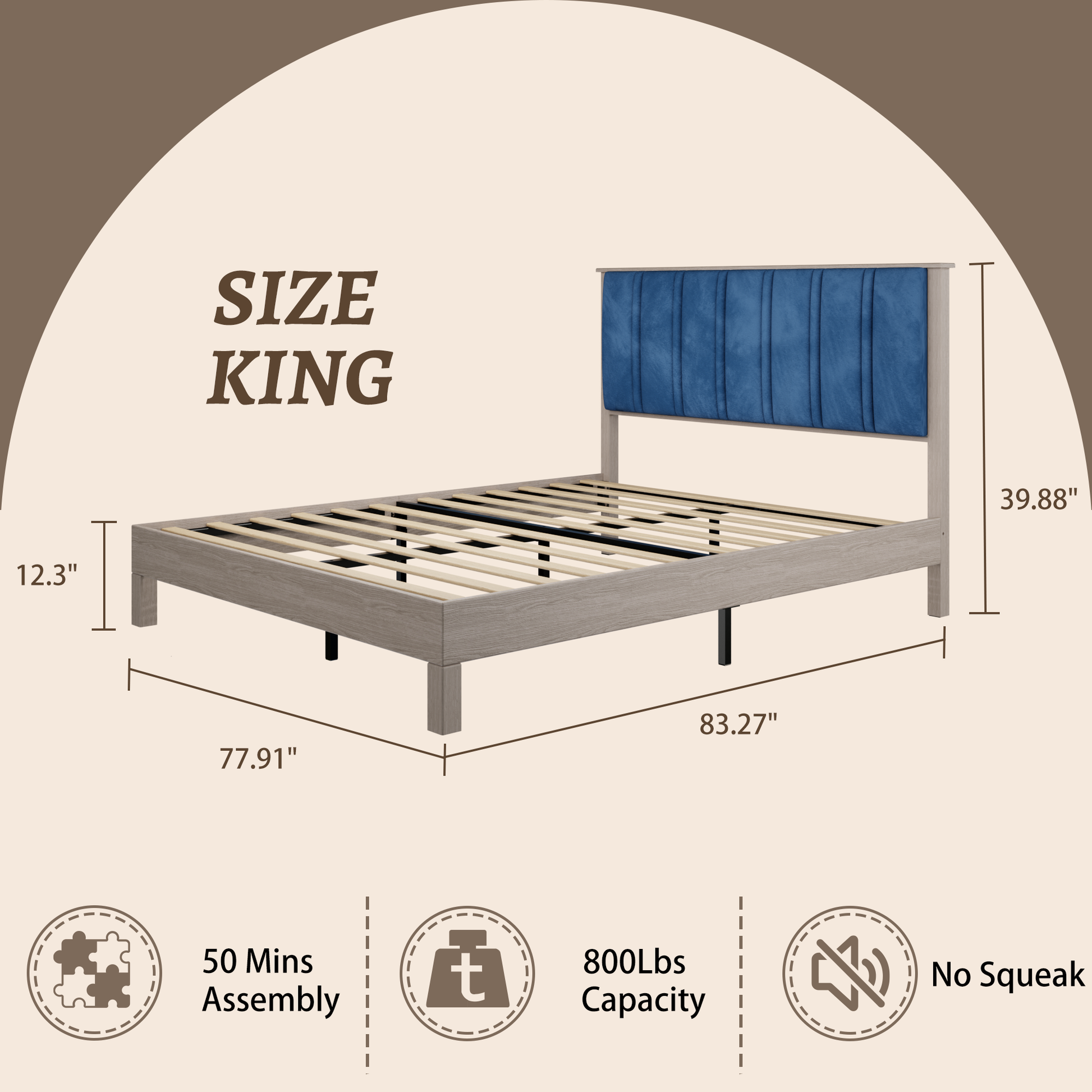 King Bed Frame, Wood With Wood Headboard Bed Frame With Upholstered Headboard Wood Foundation With Wood Slat Support No Box Spring Needed Easy Assembly Box Spring Not Required King Antique Grey White Wood Bedroom Pine Bed Frame Metal & Wood