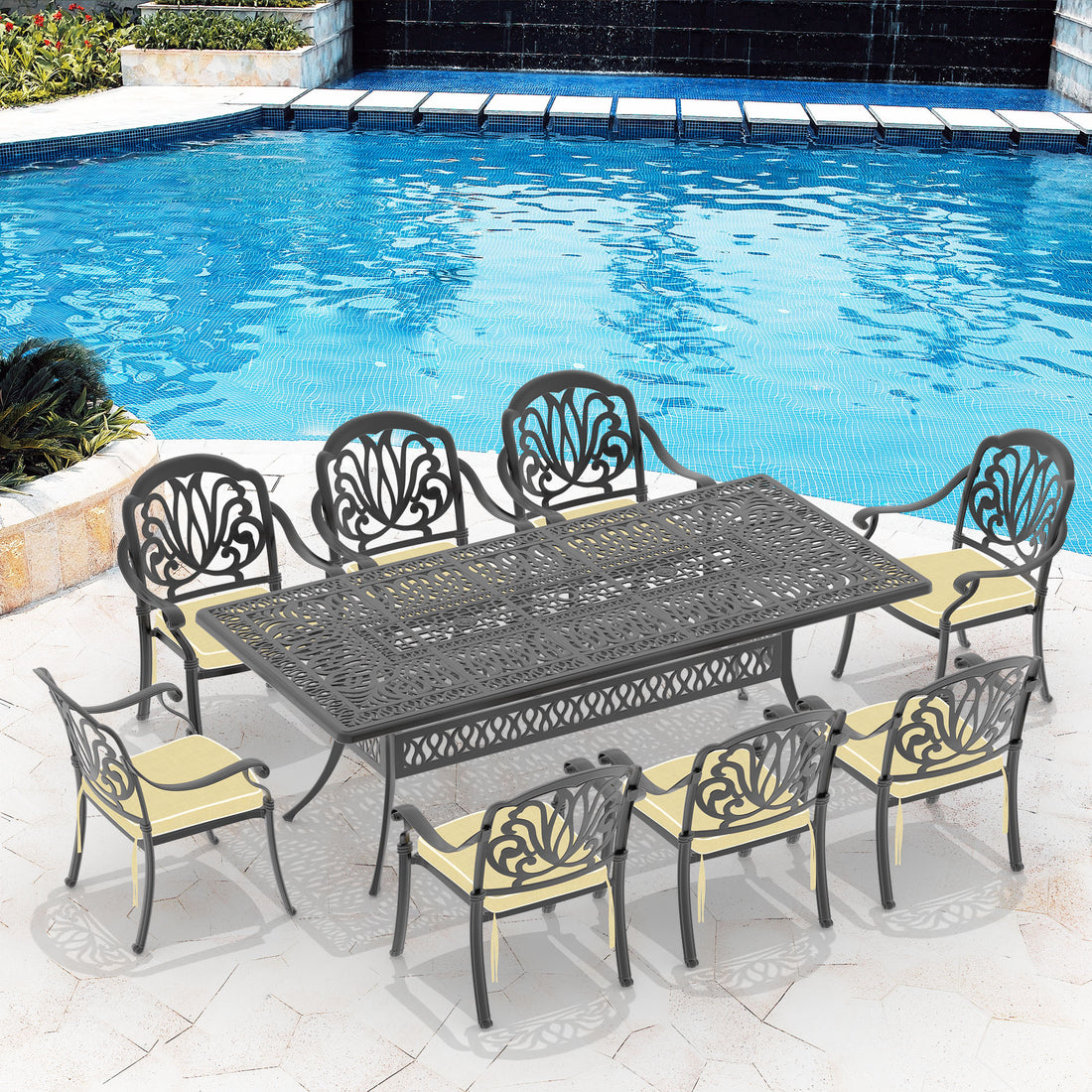 Cushions In Random Colors 9 Piece Set Of Cast Aluminum Patio Furniture With Cushions Yes Dining Set Black Seats 8 Rust Resistant Frame Water Resistant Cushion Garden & Outdoor Complete Patio Sets Aluminium