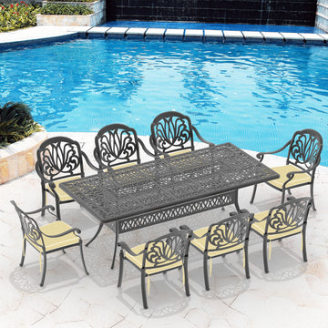 Cushions In Random Colors 9 Piece Set Of Cast Aluminum Patio Furniture With Cushions Yes Dining Set Black Seats 8 Rust Resistant Frame Water Resistant Cushion Garden & Outdoor Complete Patio Sets Aluminium