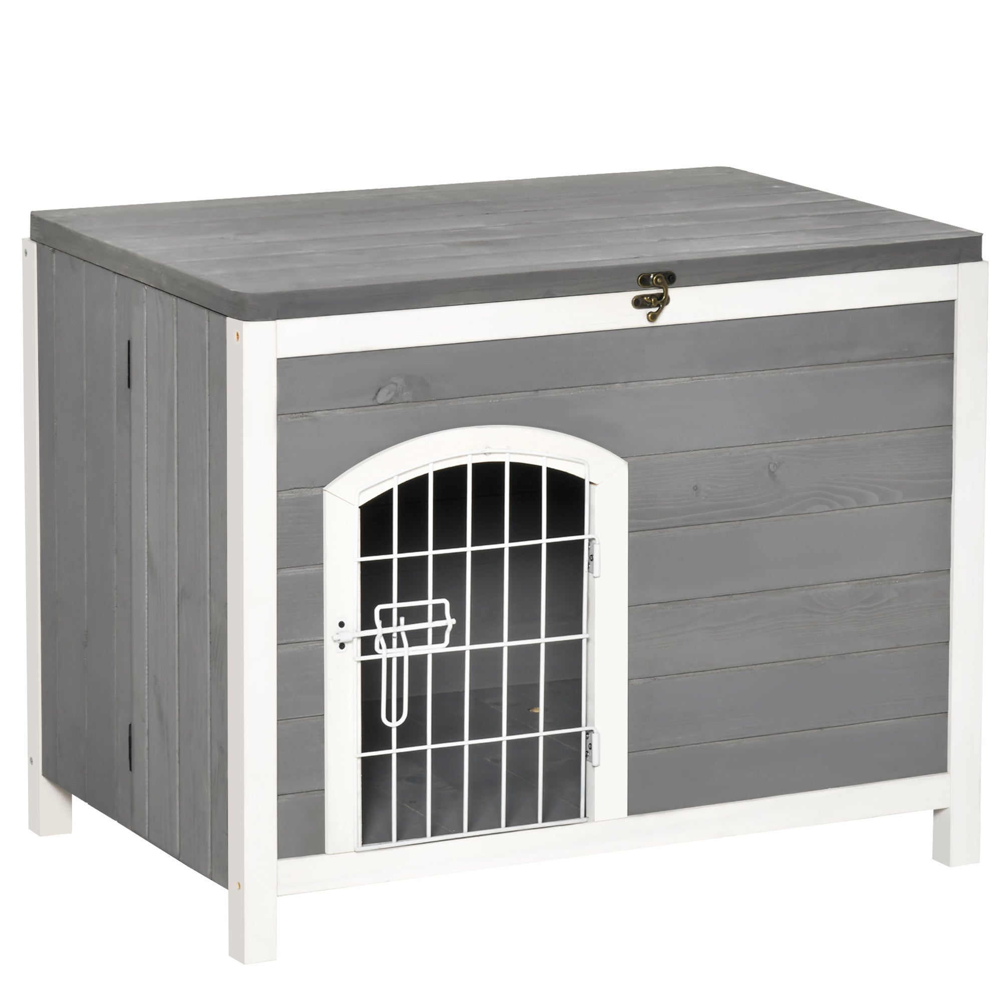 Pawhut Foldable Wooden Dog House Raised Puppy Cage Kennel Cat Shelter For Indoor & Outdoor W Lockable Door Openable Roof Removable Bottom For Small And Medium Pets Grey Grey Wood