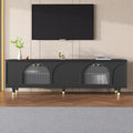 Contemporary Tv Stand With Adjustable Shelves For Tvs Up To 78'', Stylish Media Console With Gold Handles And Arch Fluted Glass Doors, Delicate Entertainment Center For Living Room, Black Black