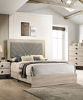 Contemporary 1Pc Cream Finish Queen Size Bed Bedroom Furniture Gray V Design Headboard Rubberwood 1Pc Bedframe Box Spring Required Queen Cream Grey Wood Bedroom