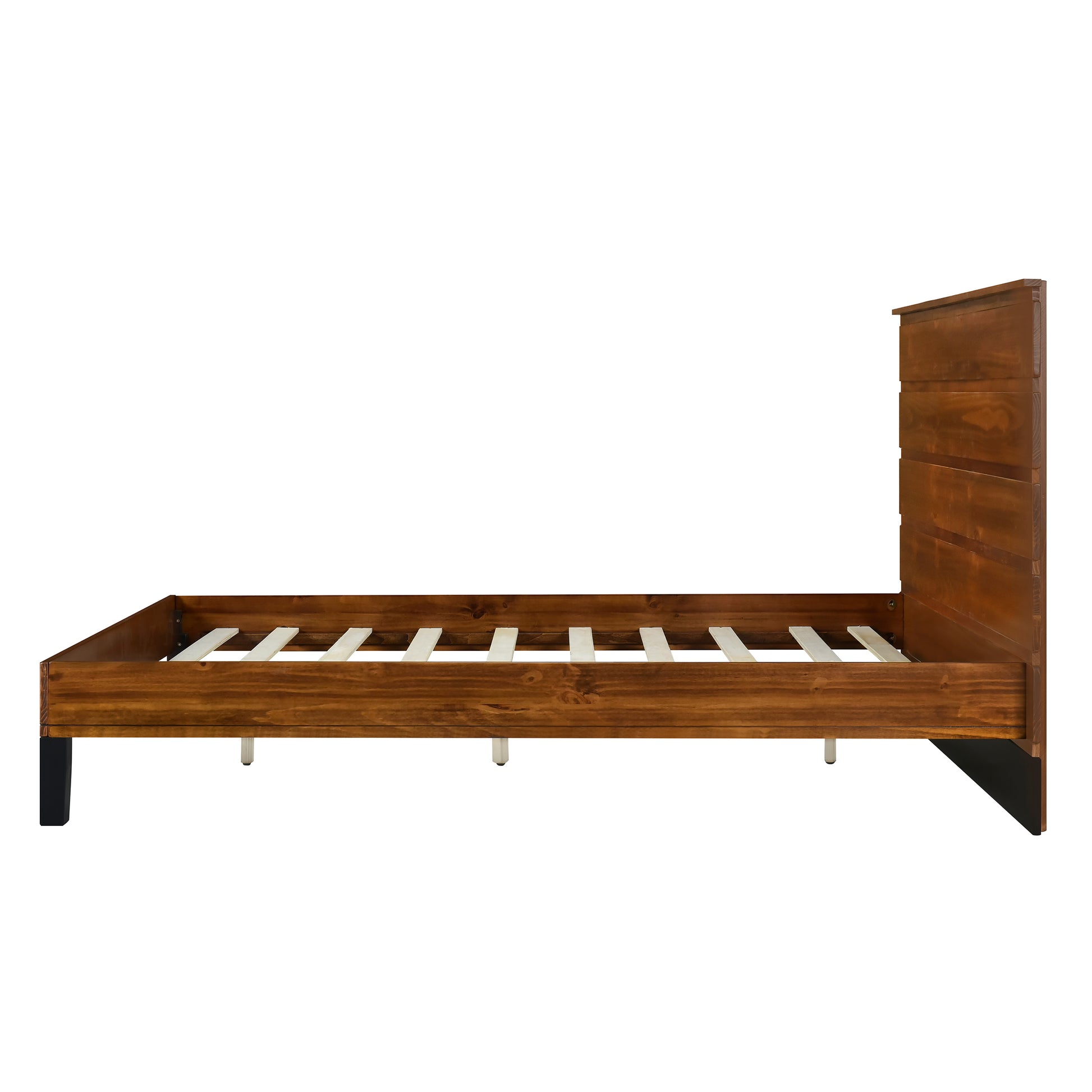 Mid Century Modern Solid Wood Bed Frame Queen Size Platform Bed With Six Piece Headboard Design, No Box Spring Needed, Brown Queen Brown Pine