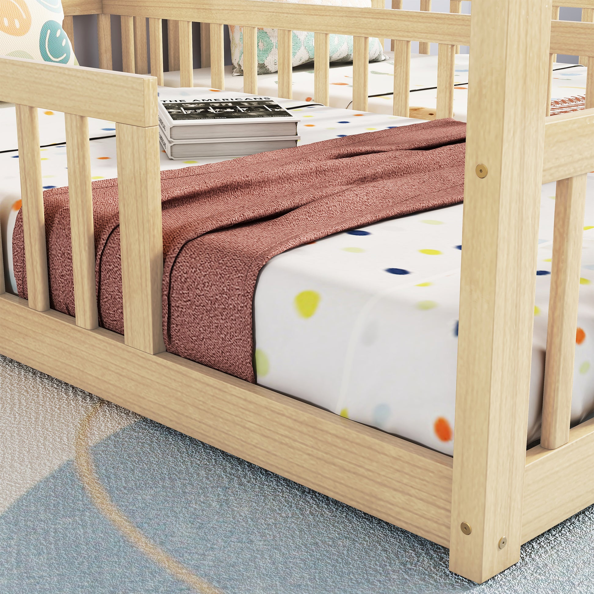 Double Twin House Style Floor Bed With Fence, Guardrails, Without Door, Natural Twin Natural American Design Pine