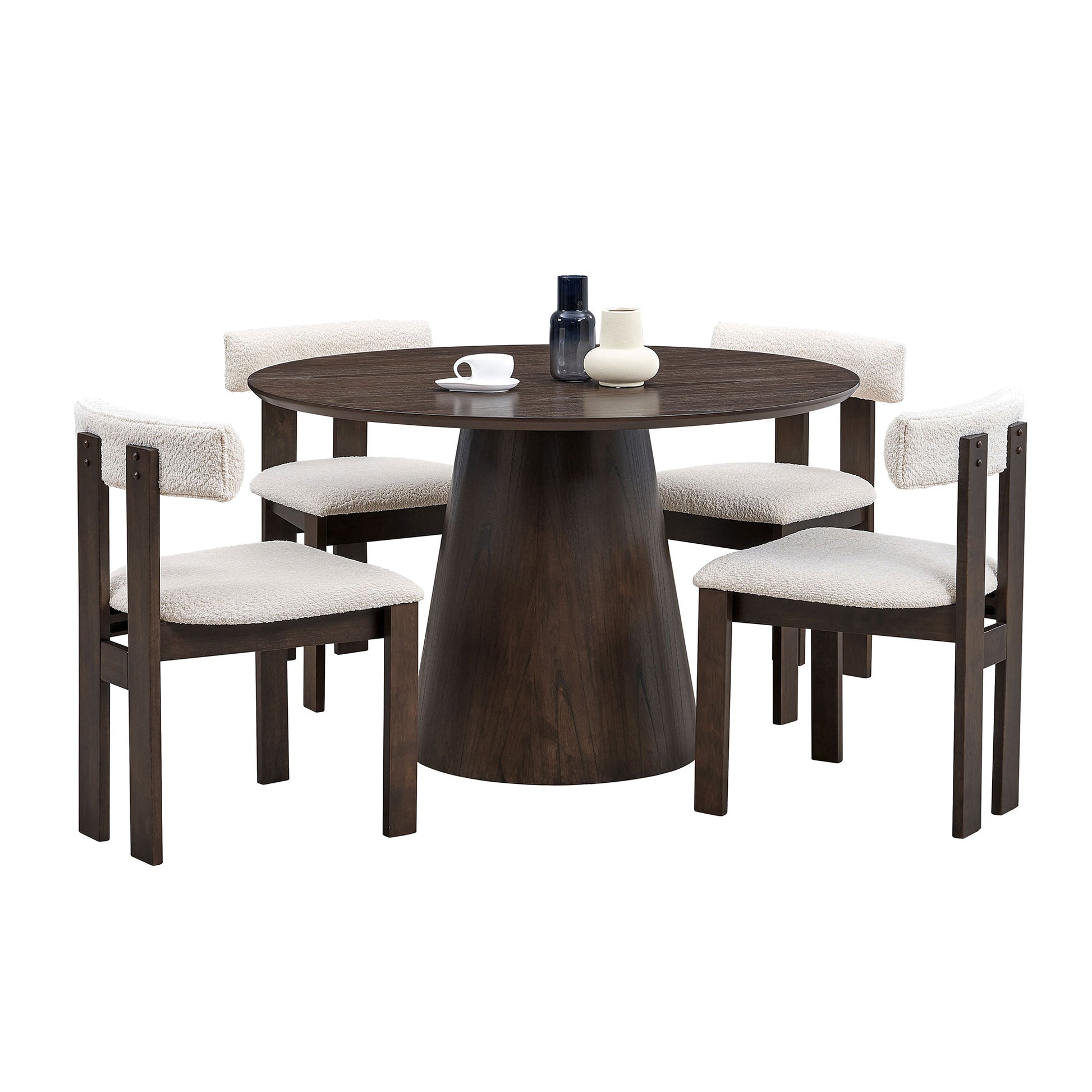 1 Table With 4 Chairs Wooden Dining Table Set, Modern Round Mdf Kitchen Table And Boucle Upholstered Dining Chairs For Dining Room, Kitchen, Saving Space, Dark Brown Dark Brown Solid Wood Mdf