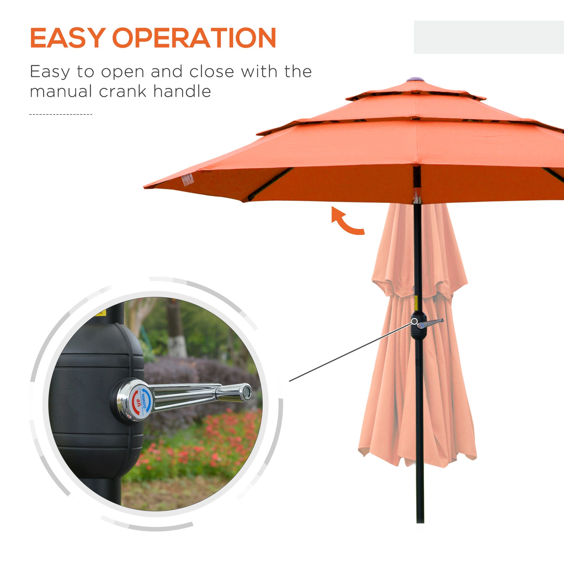 Outsunny 9Ft 3 Tiers Patio Umbrella Outdoor Market Umbrella With Crank, Push Button Tilt For Deck, Backyard And Lawn, Orange Orange Polyester