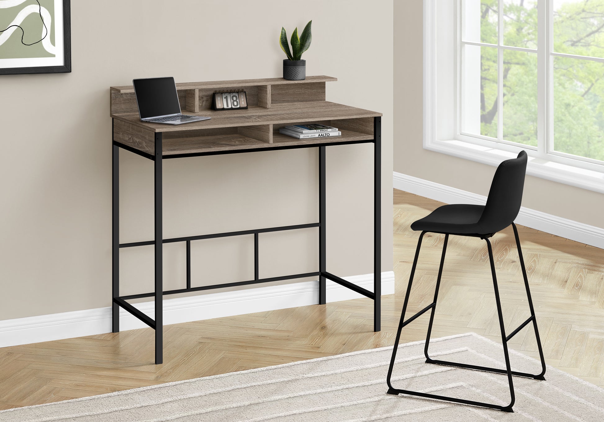 Computer Desk, Home Office, Standing, Storage Shelves, 48"L, Work, Laptop, Brown Laminate, Black Metal, Contemporary, Modern Taupe Metal