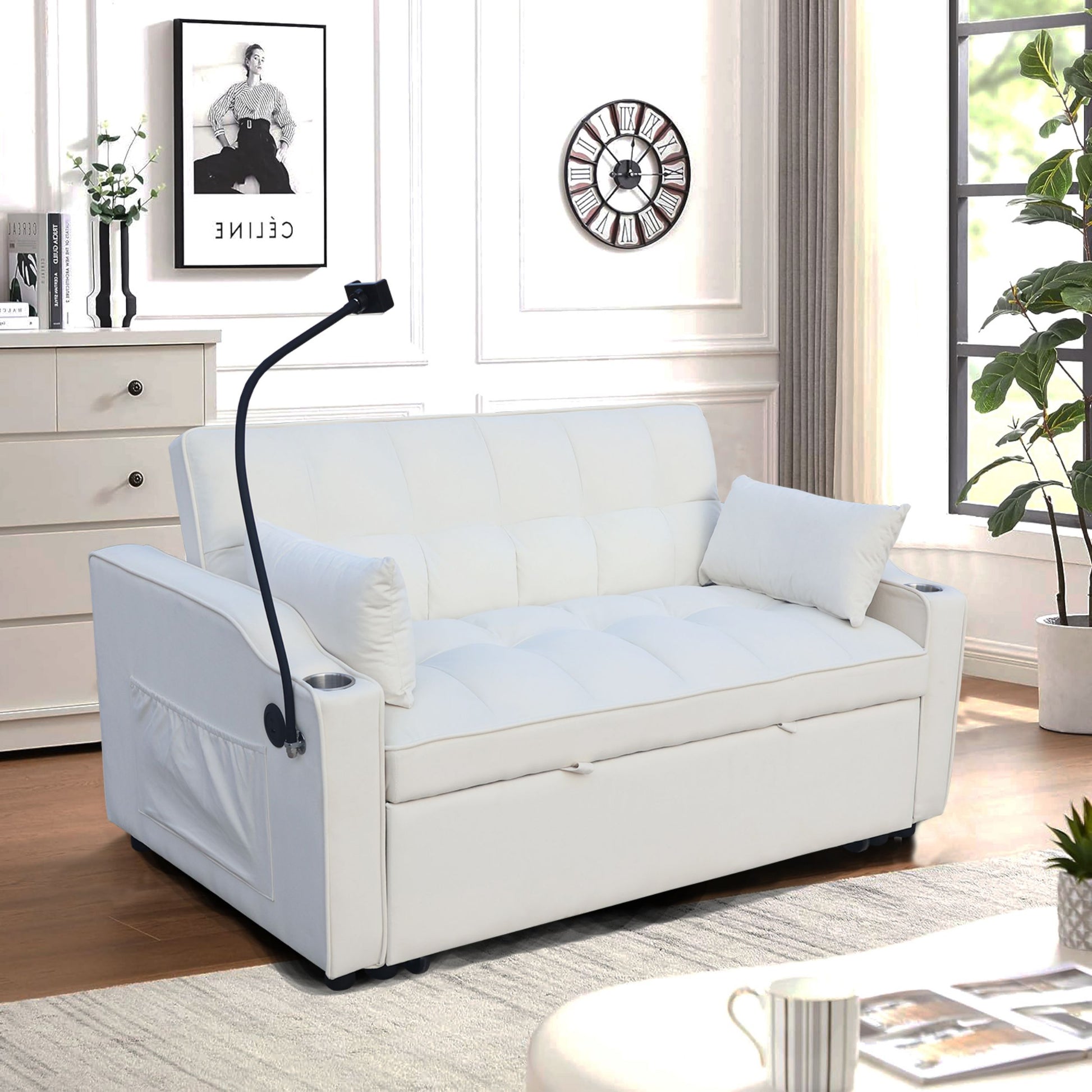 Modern Velvet Loveseat Futon Sofa Couch W Pullout Bed,Small Beautiful Seat Lounge Sofa With Adjustable Reclining Backrest,Toss Pillows, Pockets,Furniture For Living Room,3 In 1 Convertible Sleeper Sofa Bed Full Beige Velvet