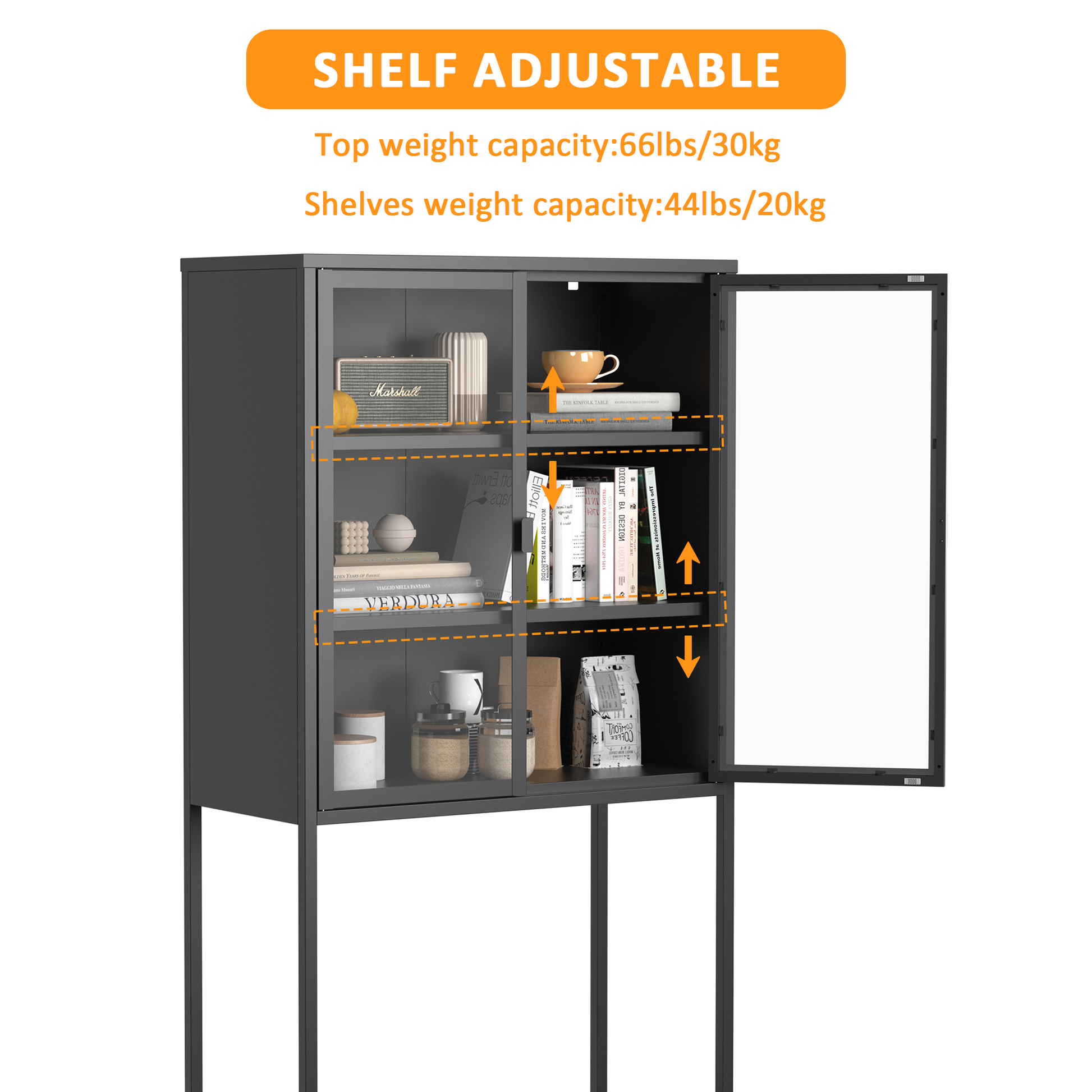 59"H Heavy Duty Metal Storage Cabinet,Sideboards & Buffet,Display Storage Cabinet With Glass Doors And 2 Adjustable Shelves, Tall Bookcase Modern Bookshelf Cabinet For Home Office, Living Room Black Primary Living Space Modern Metal Metal