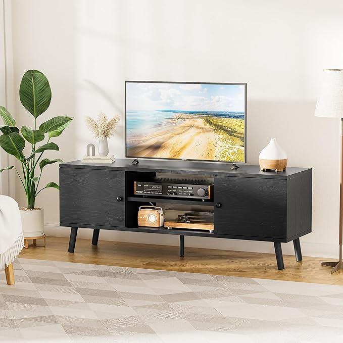 Tv Stand For 55 60 Inch Tv, Entertainment Center With Storage Cabinet, Media Console Table 2 Cabinet, Soft Hinge, Handle Door, Wooden Living Room, Office Furniture, Black Black 50 59 Inches Wood