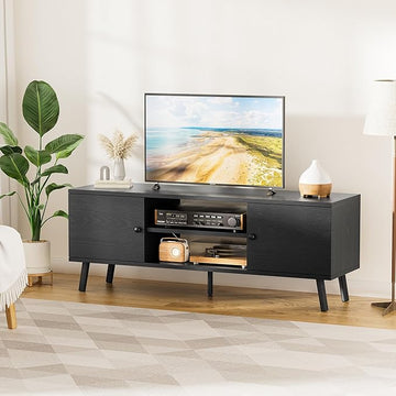 Tv Stand For 55 60 Inch Tv, Entertainment Center With Storage Cabinet, Media Console Table 2 Cabinet, Soft Hinge, Handle Door, Wooden Living Room, Office Furniture, Black Black 50 59 Inches Wood