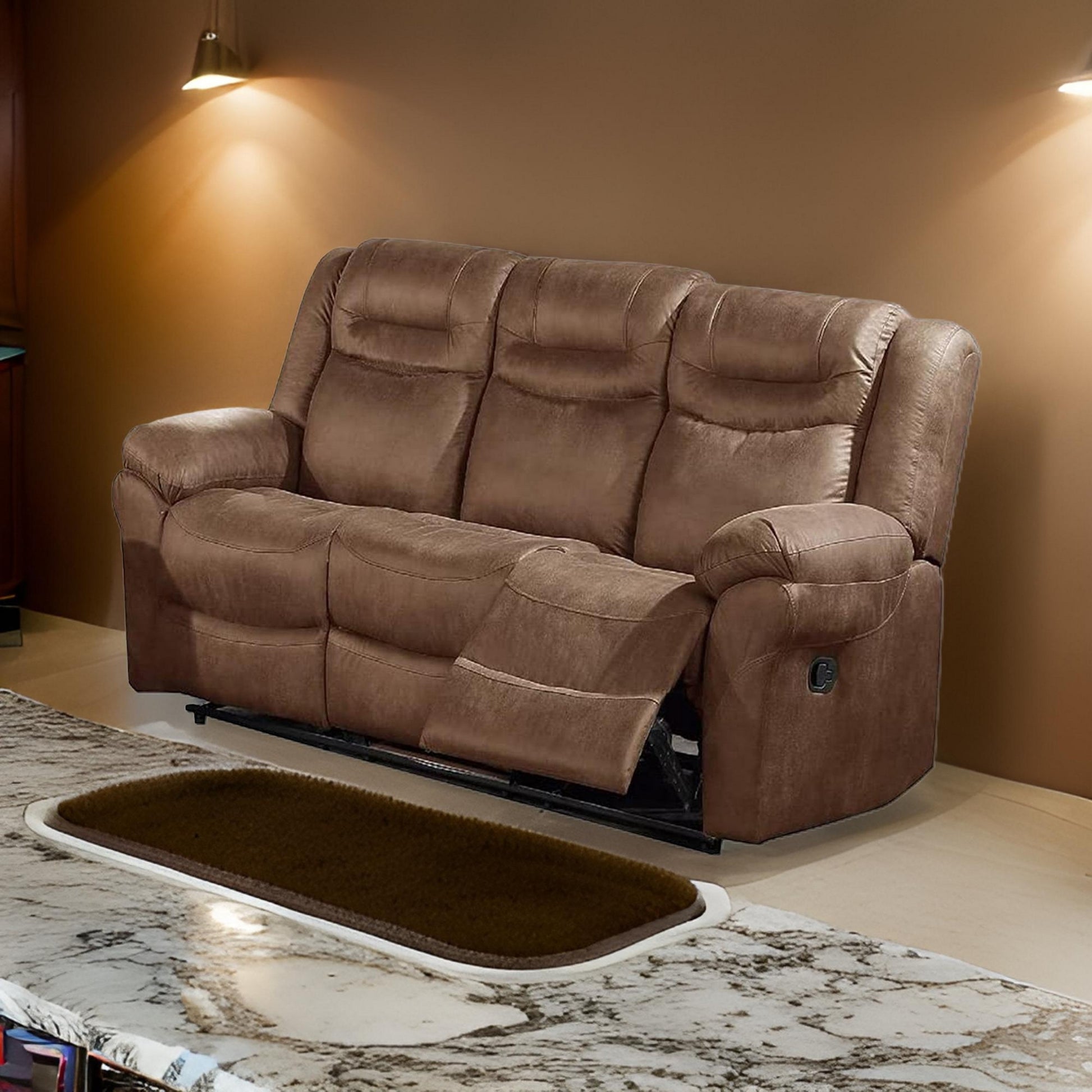 Betty 86 Inch Manual Reclining Sofa, Pull Tab Footrest Mechanism, Brown Brown Faux Leather