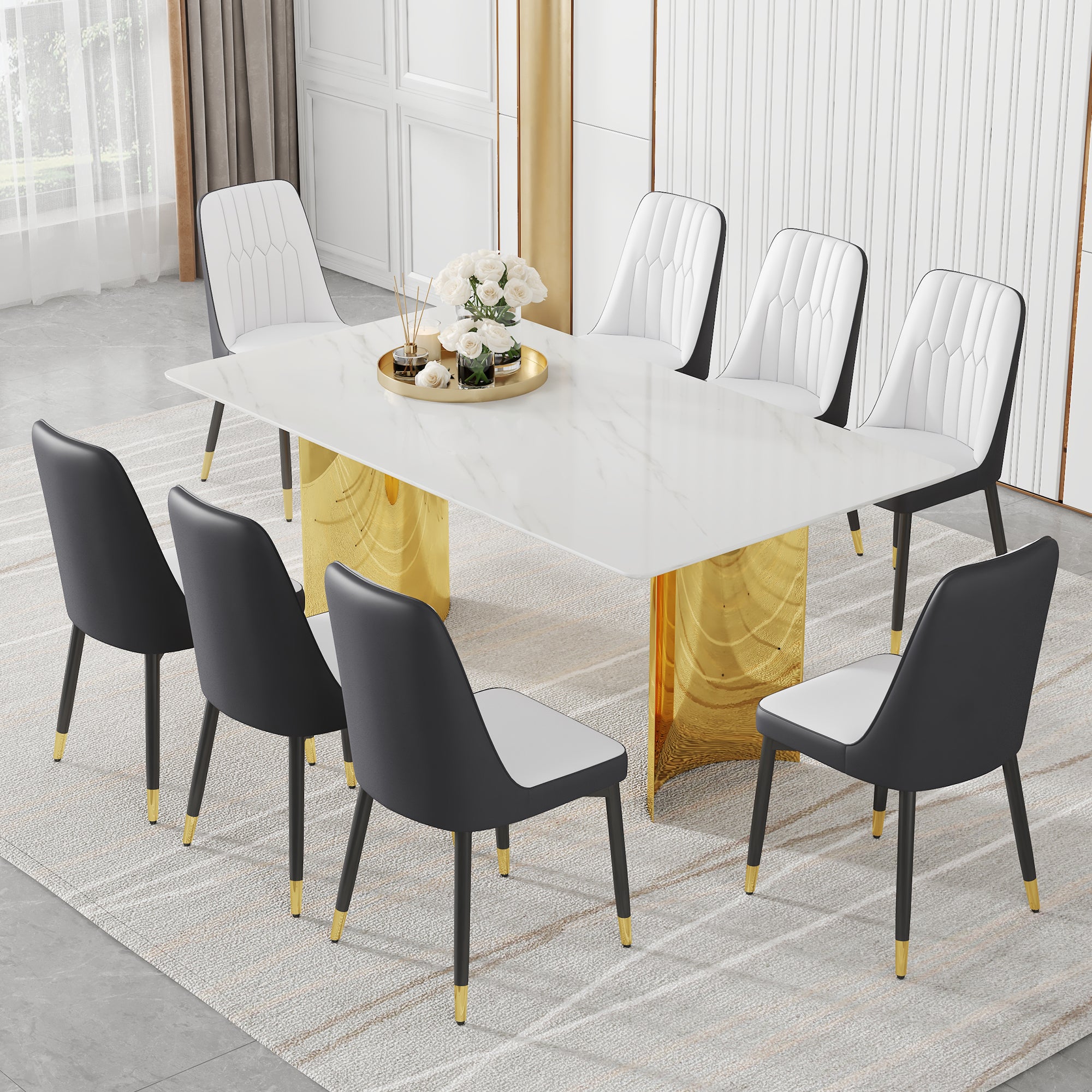 Table And Chair Set.The Table Has A Glass Top With Imitation Marble Pattern Stickers And Stainless Steel Golden Legs. Paried With Chairs With Pu Artificial Leather Backrest Cushions And Black Legs. White Gold Seats 8 Glass Metal