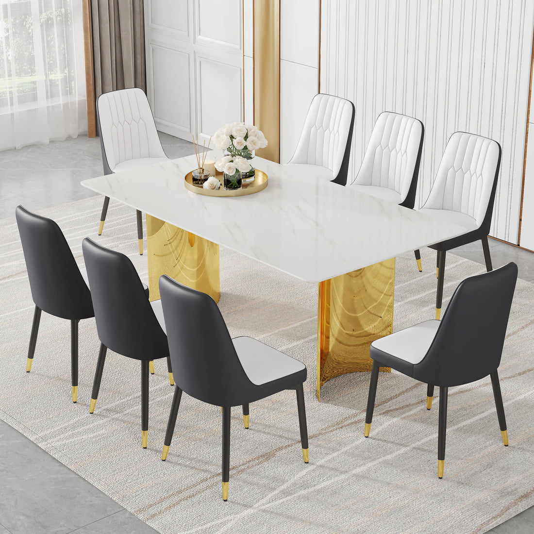 Table And Chair Set.The Table Has A Glass Top With Imitation Marble Pattern Stickers And Stainless Steel Golden Legs. Paried With Chairs With Pu Artificial Leather Backrest Cushions And Black Legs. White Gold Seats 8 Glass Metal