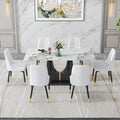 Table And Chair Set, Modern Dining Table, Patterned Table Top And Black Mdf Leg Table, Soft And Comfortable Dining Chair, Perfect For Dinner, Meetings, Home And Office Decor White Black Mdf Glass