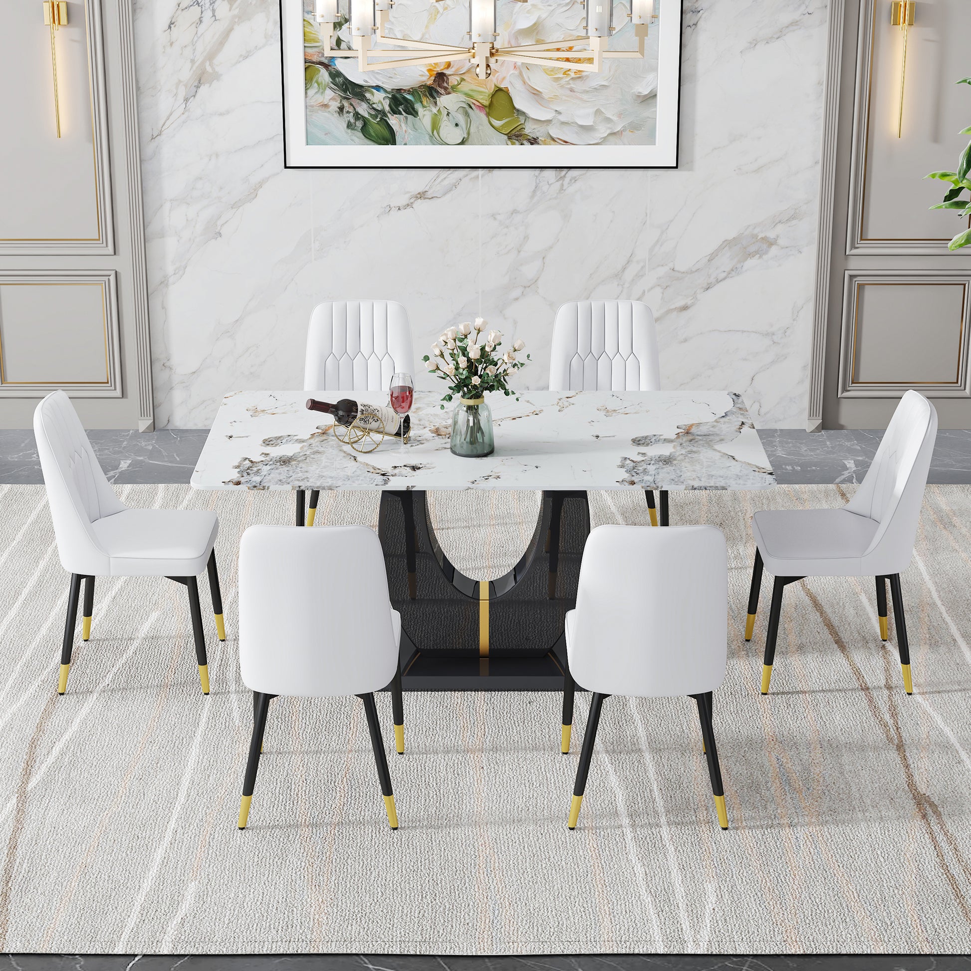 Table And Chair Set, Modern Dining Table, Patterned Table Top And Black Mdf Leg Table, Soft And Comfortable Dining Chair, Perfect For Dinner, Meetings, Home And Office Decor White Black Mdf Glass