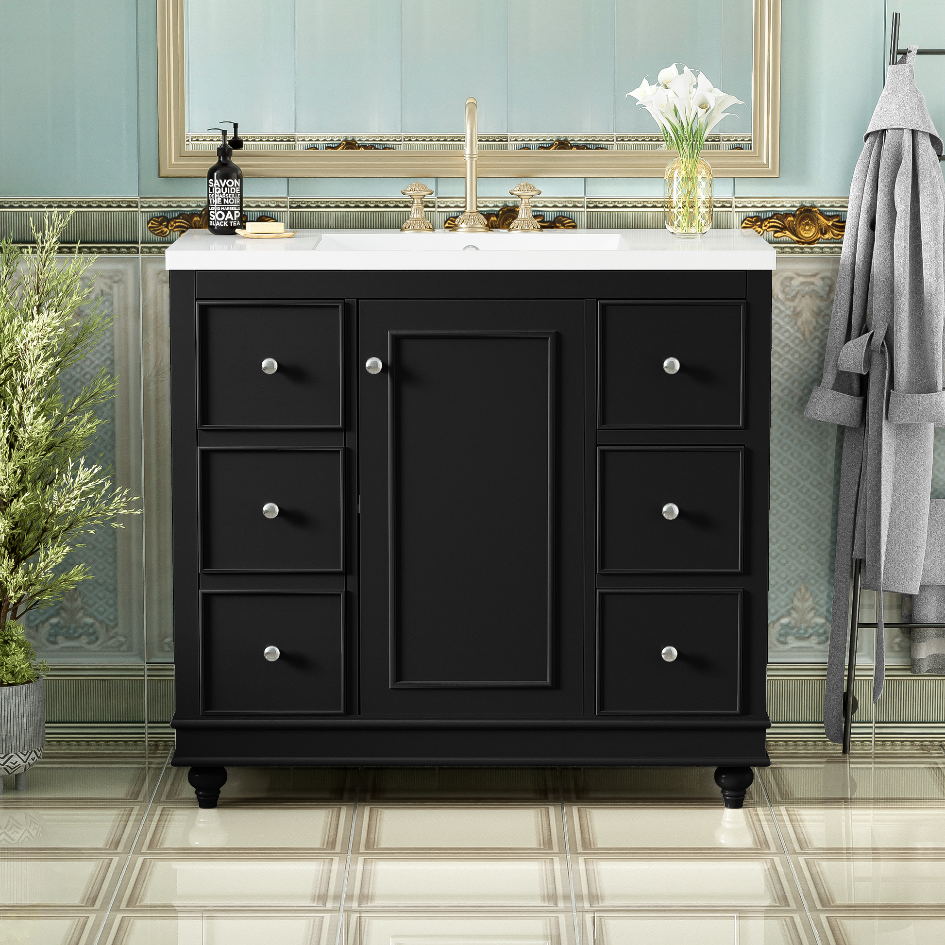 Contemporary Black Bathroom Vanity Cabinet 36X18X34 Inches, 4 Drawers & 1 Cabinet Door, Multipurpose Storage, Resin Integrated Sink, Adjustable Shelves, Solid Wood Frame With Mdf Black Bathroom