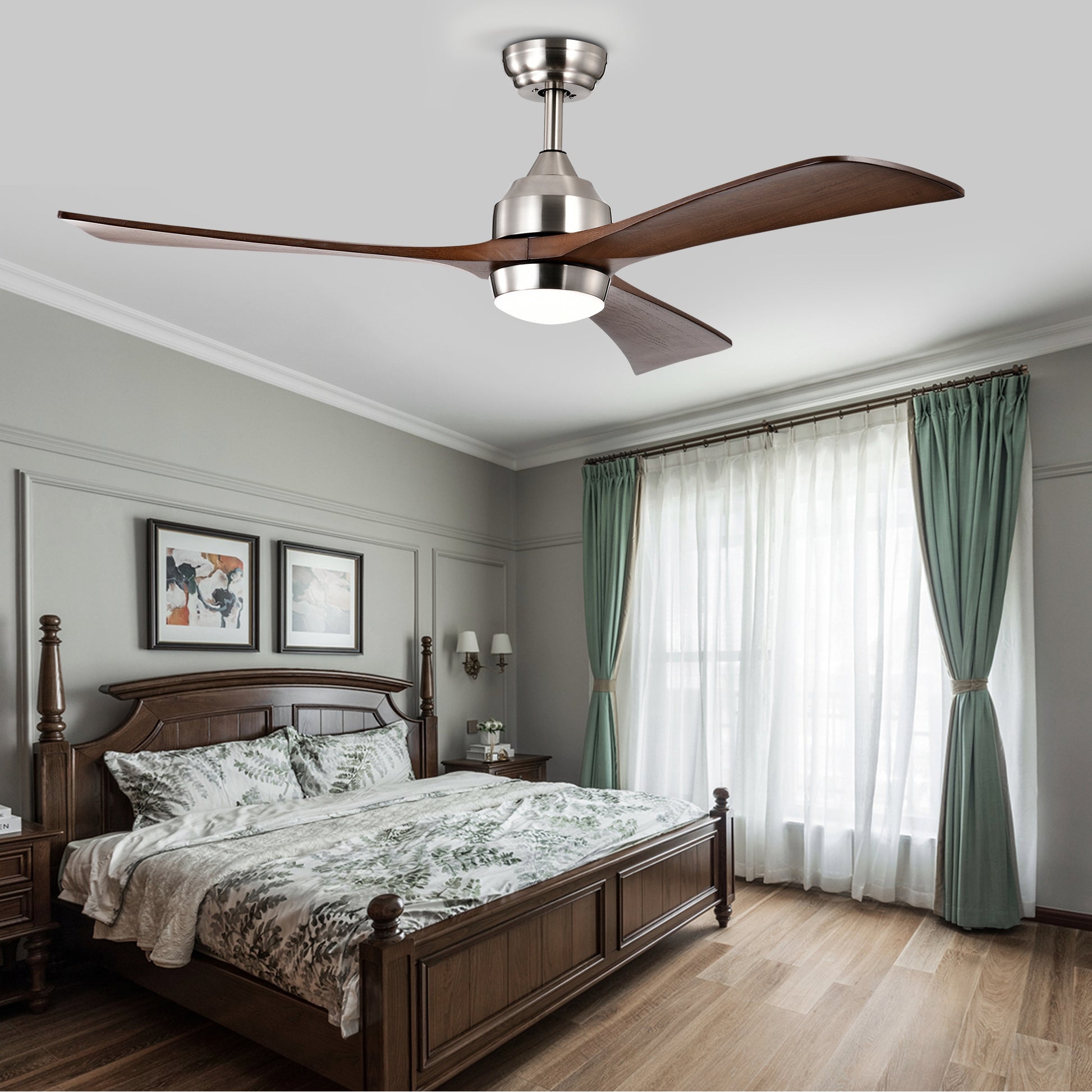 52" Ceiling Fan With Lights Remote Control,Quiet Dc Motor 3 Wood Blade Ceiling Fans 6 Speed Levels,Reversible Ceiling Fan, For Patio Living Room, Bedroom, Office,Indoor. Stain Nickel Walnut Nickel Contemporary,Farmhouse,Industrial Wood Iron