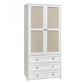 2 Door Wardrobe With 3 Drawers High Wardrobe Armoire With 2 Rattan Door For Living Room, Bedroom Organizer White Particle Board Mdf