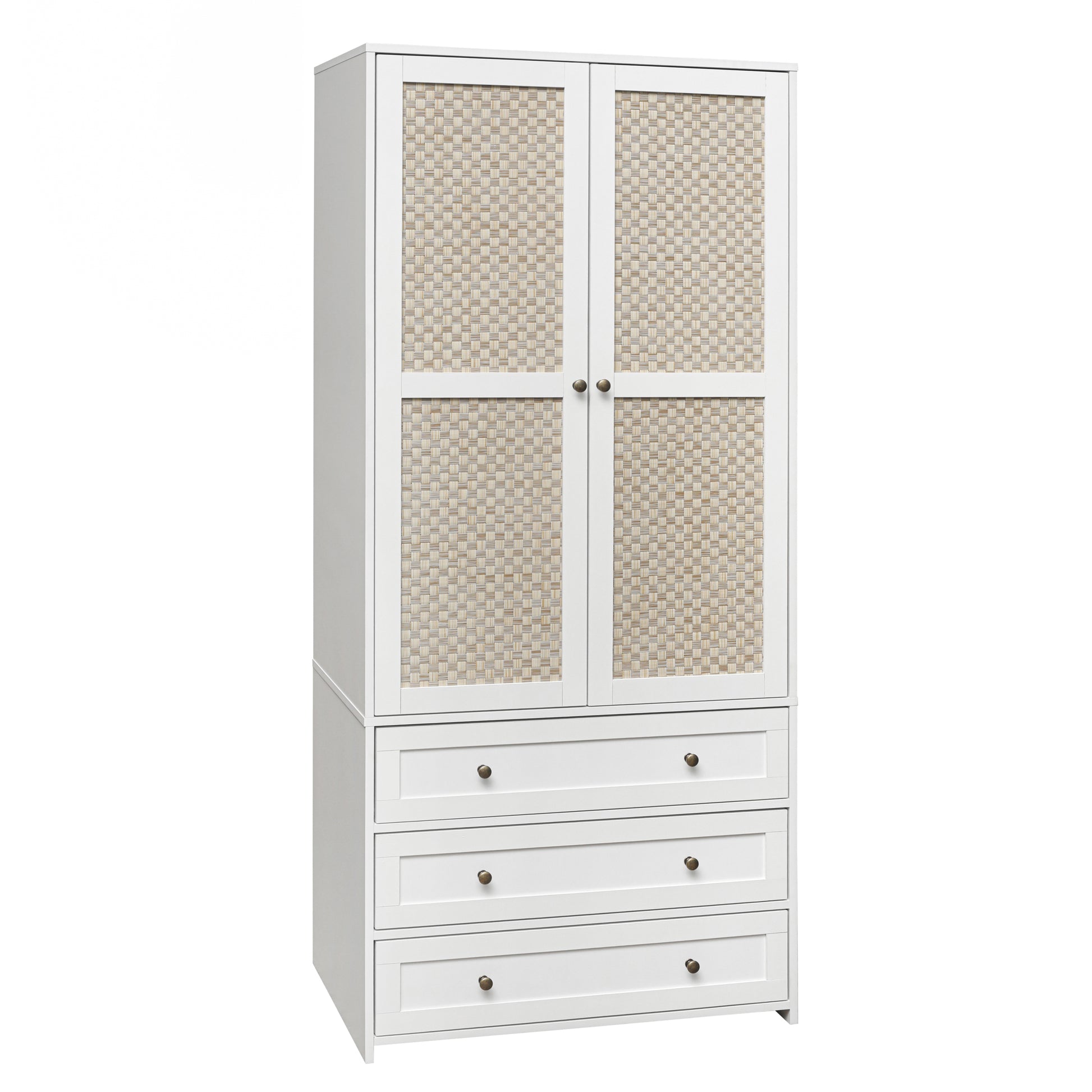 2 Door Wardrobe With 3 Drawers High Wardrobe Armoire With 2 Rattan Door For Living Room, Bedroom Organizer White Particle Board Mdf