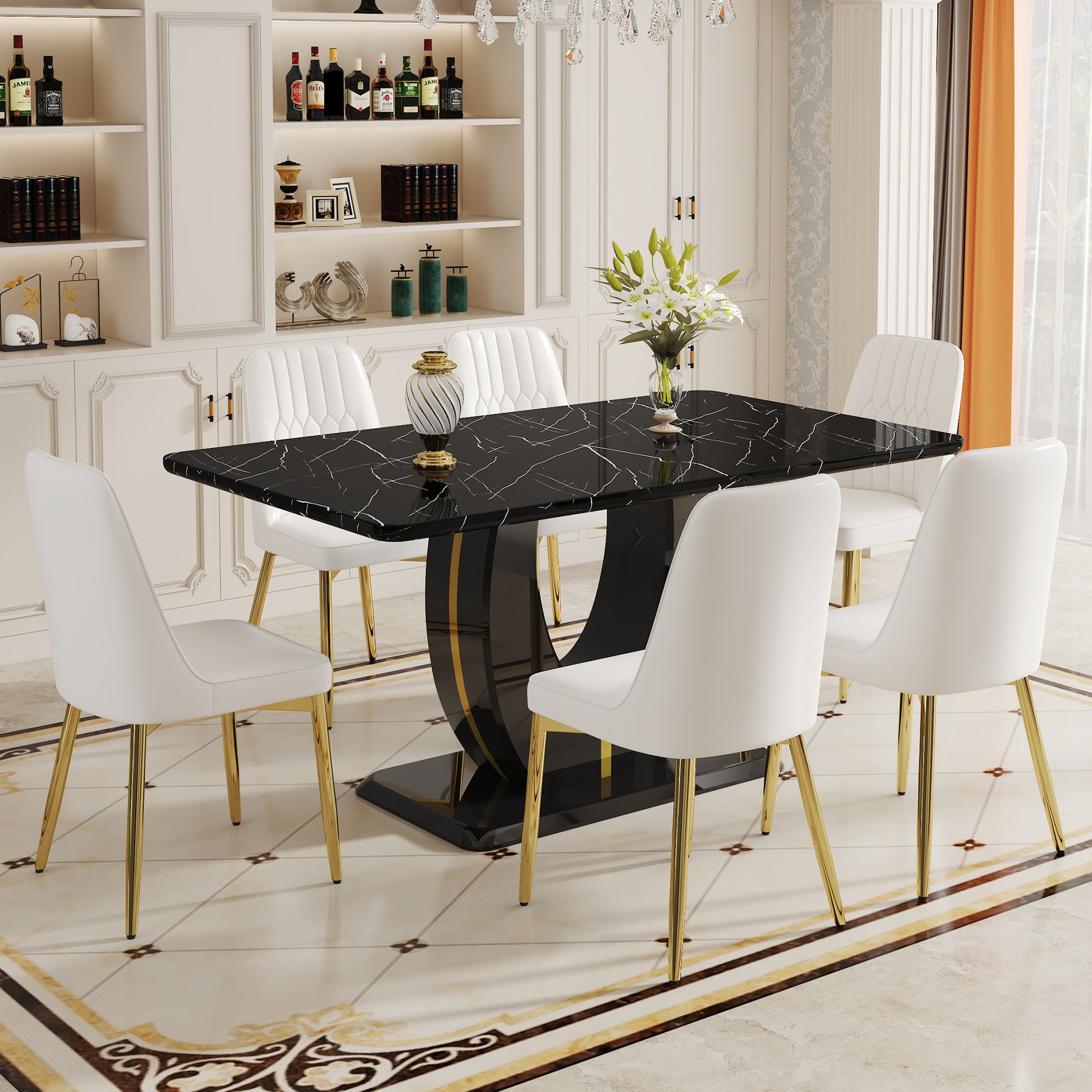 Table And Chair Set.63"W X 37"D X 30"H Black Marble Mdf Diningtable Set With 6 White Pu Chairs With Gold Metal Legs.Bring A Comfortable Home Experience To The Kitchen, Bedroom, And Office. White