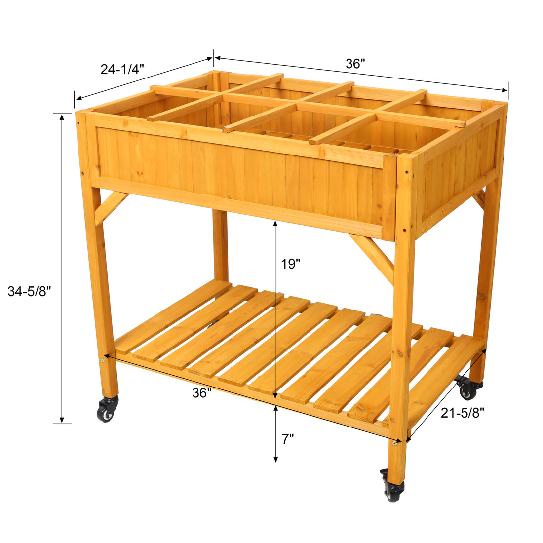 Elevated 8 Pocket Herb Garden Bed, Mobile Raised Customizable Wood Planter For Herbs, Vegetables, Flowers W Lockable Wheels, Storage Shelf, Drainage Holes Brown Wood