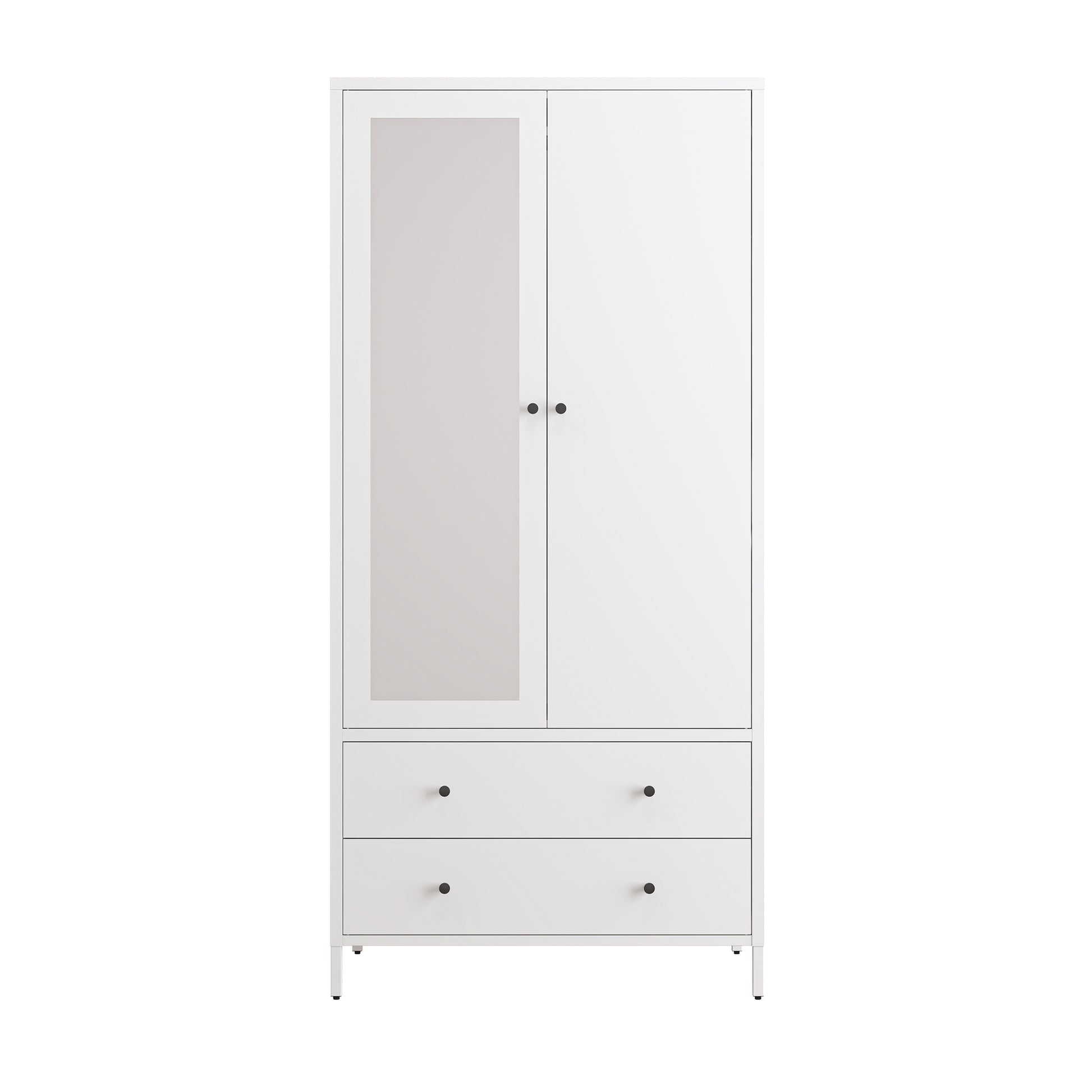 Metal Armoire Wardrobe Closet With 2 Drawers, Mirror Door And Hanging Rod, Metal Clothing Storage Cabinet, Garment Organizer With Magnetic Door White White Bedroom Retro Steel