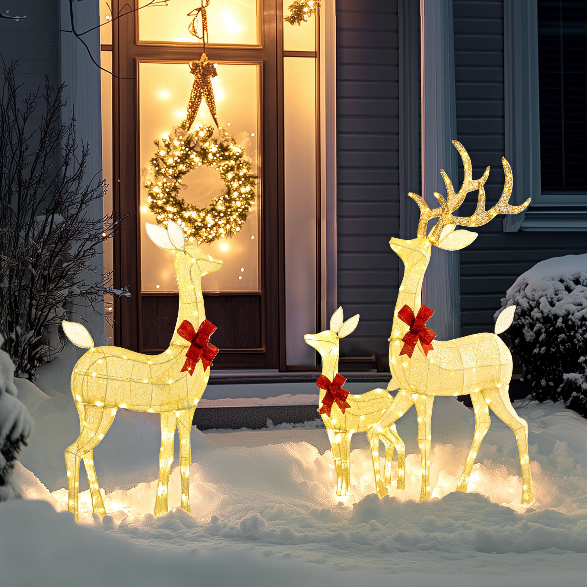 Outsunny 4.5Ft 3 Piece Light Up Christmas Deer Family Set Of 3, Lighted Reindeer Christmas Decorations With 2 Led Light Modes, Stakes, Zip Ties For Indoor, Outdoor, Yard, Lawn, Silver Silver Steel