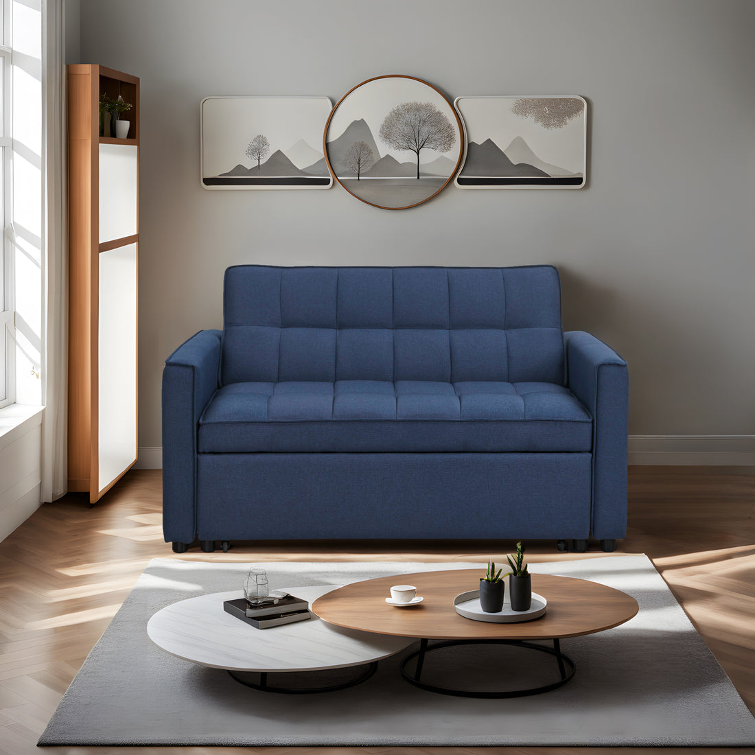 Stylish Blue Pull Out Sofa Bed With Woven Polyester Fabric & Solid Wood Frame Blue Polyester 2 Seat