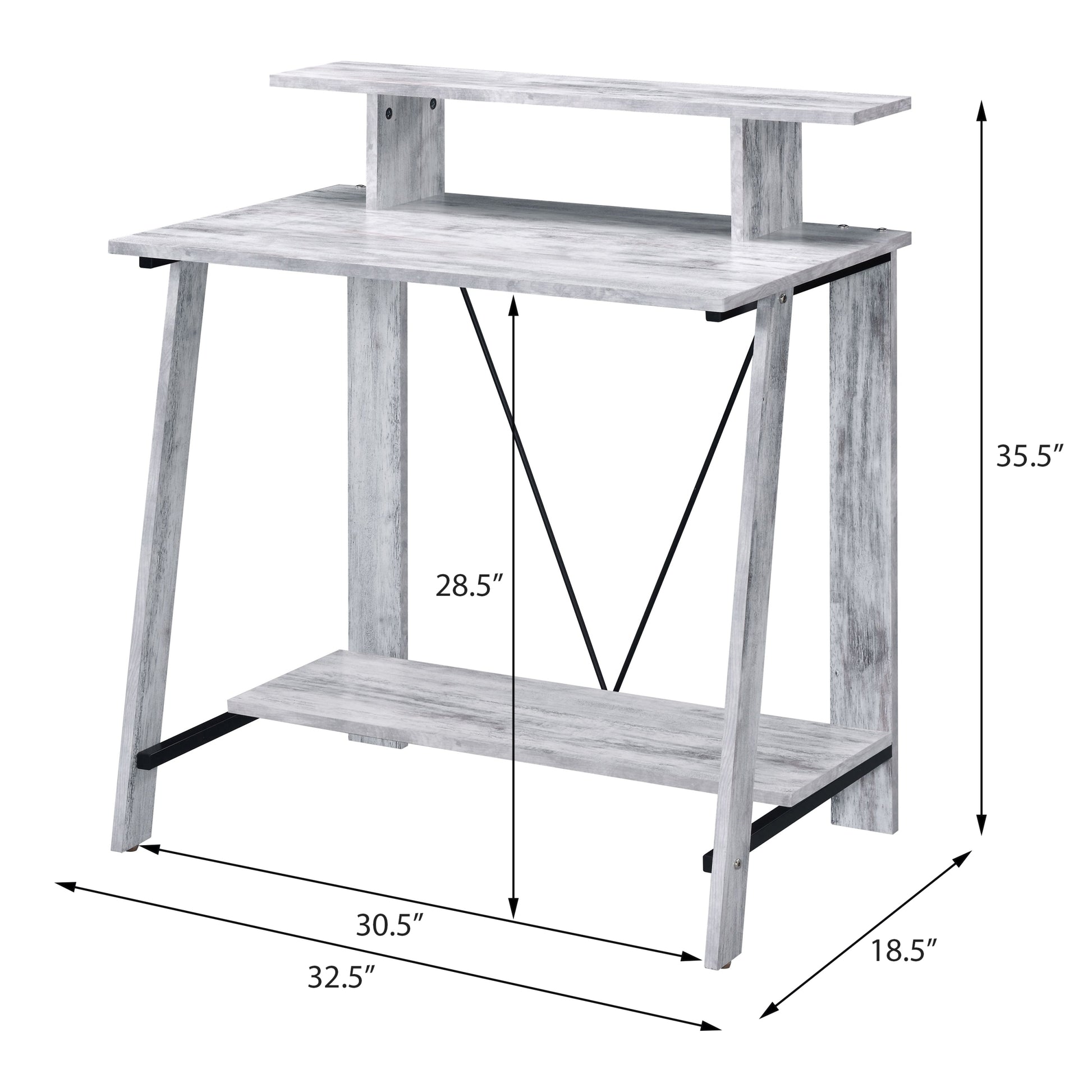 Antique White And Black Writing Desk With Upper Shelf Black Grey Office Rectangular Wood Metal