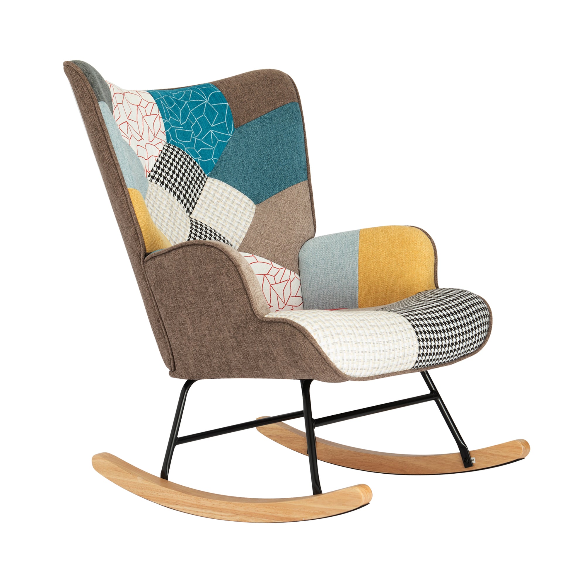 Rocking Chair With Ottoman, Mid Century Fabric Rocker Chair With Wood Legs And Patchwork Linen For Livingroom Bedroom Colorful Textile