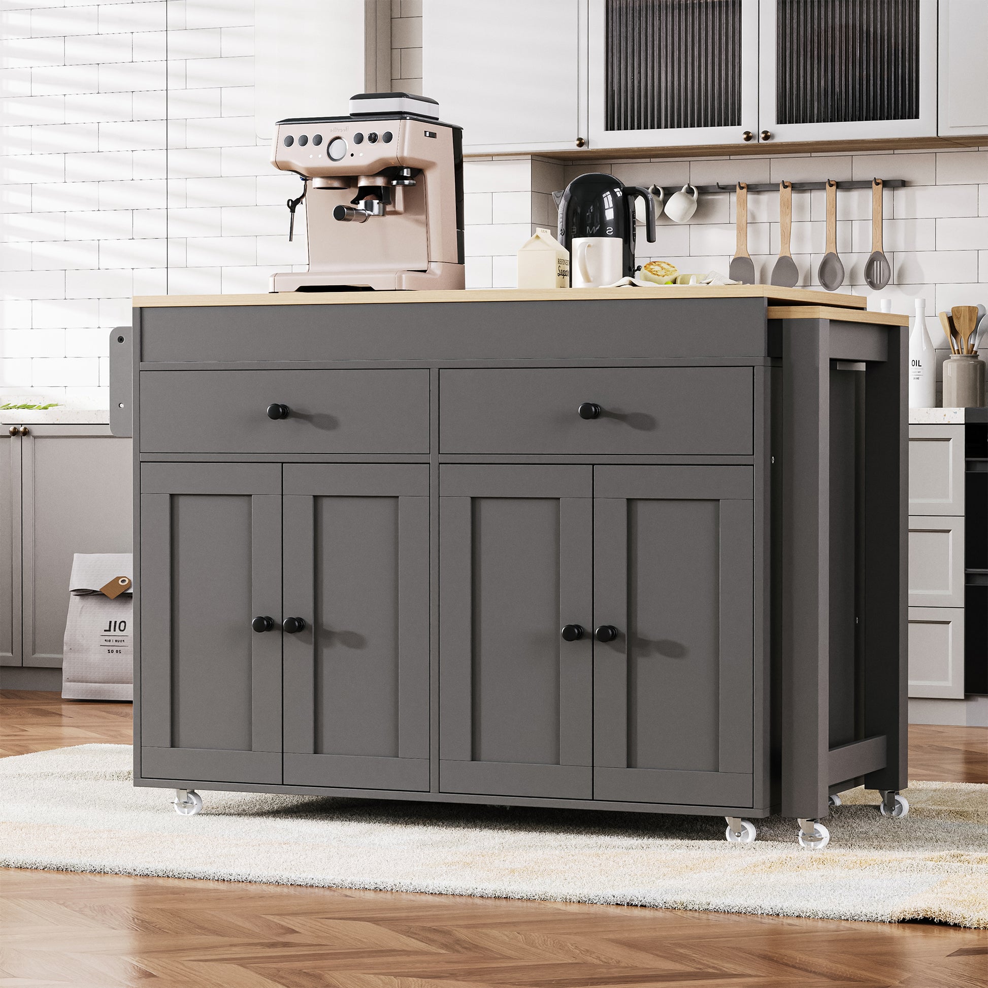 K&K 74.5 Inch Kitchen Island With Extendable Dining Tablerolling Kitchen Island On Wheels With Spice Rack And 2 Drawers, Kitchen Storage Cart With 4 Door Cabinet, For Kitchen, Dining Room, Grey Grey